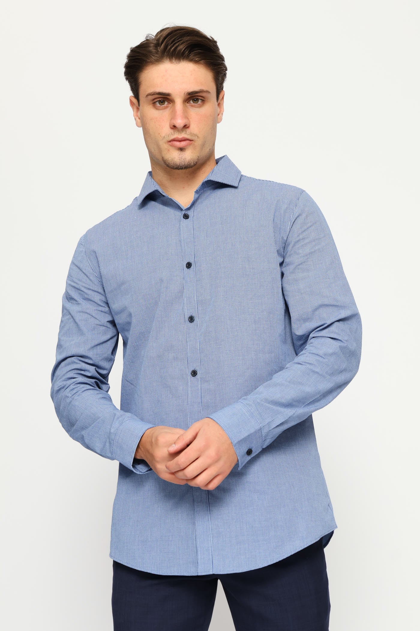 Slim Mini Check Printed Shirt - Mid Blue - Image 5