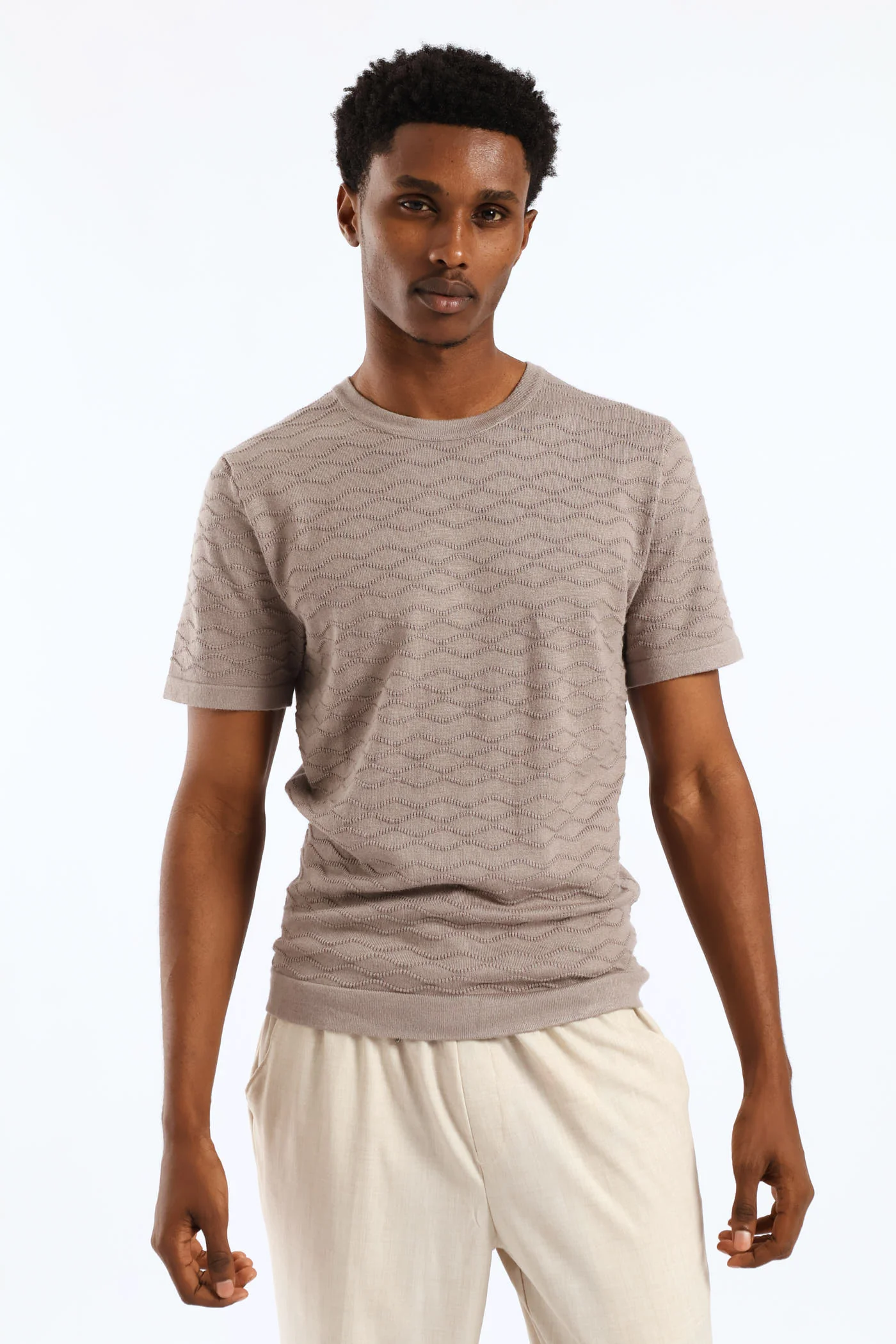 Slim Surface Interest Knit Tee - Taupe - Image 2