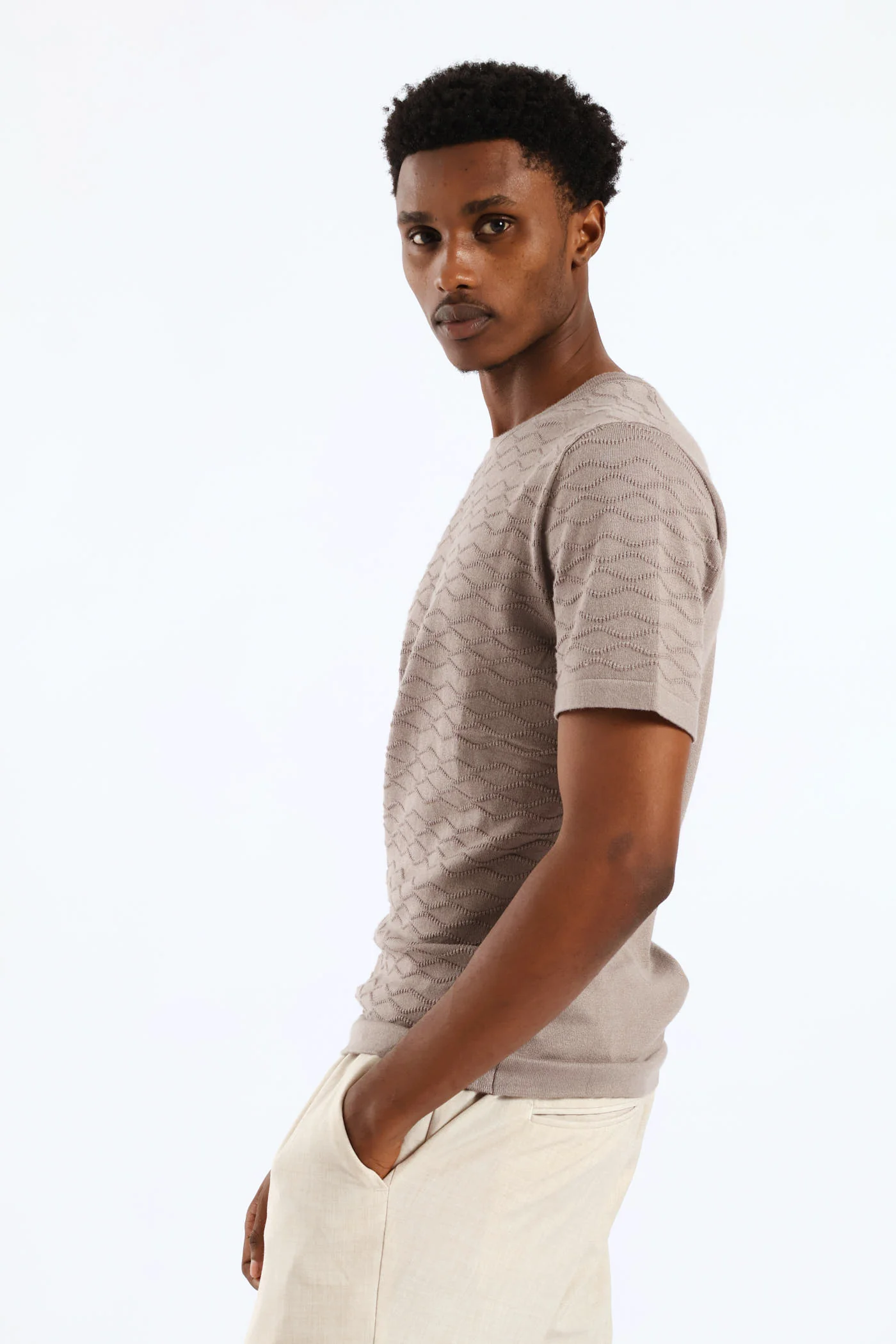 Slim Surface Interest Knit Tee - Taupe - Image 3