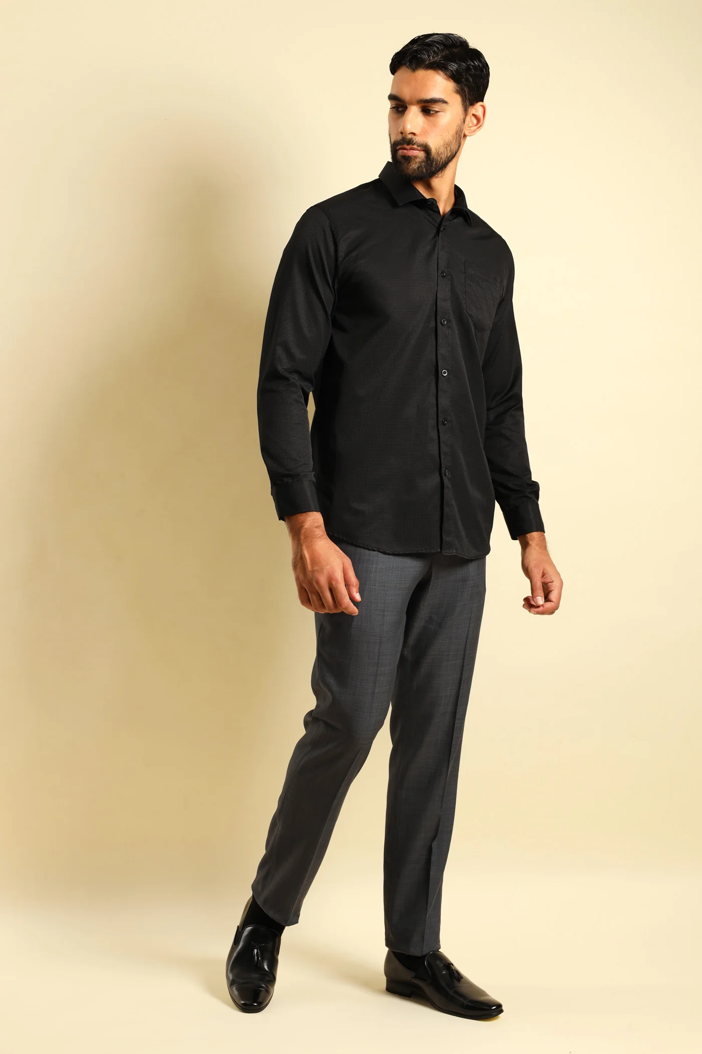 Slim Textured Long Sleeve Shirt - Black - Image 4