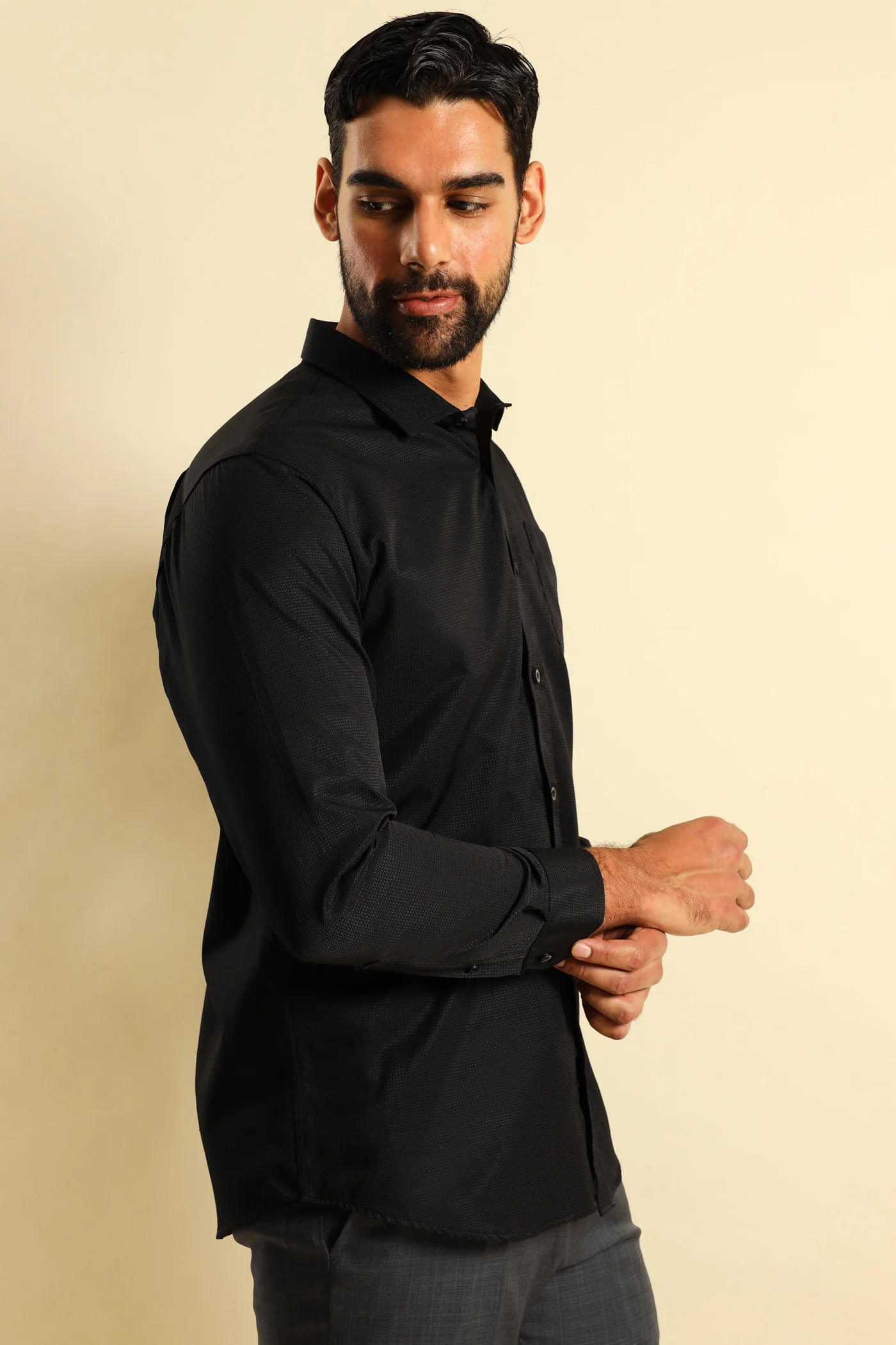 Slim Textured Long Sleeve Shirt - Black - Image 6