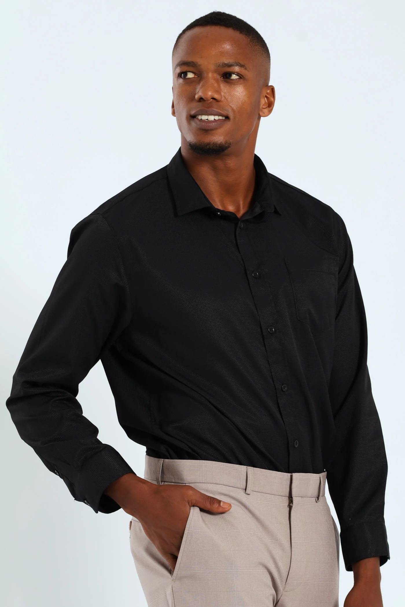 Slim Textured Long Sleeve Shirt - Black - Image 7