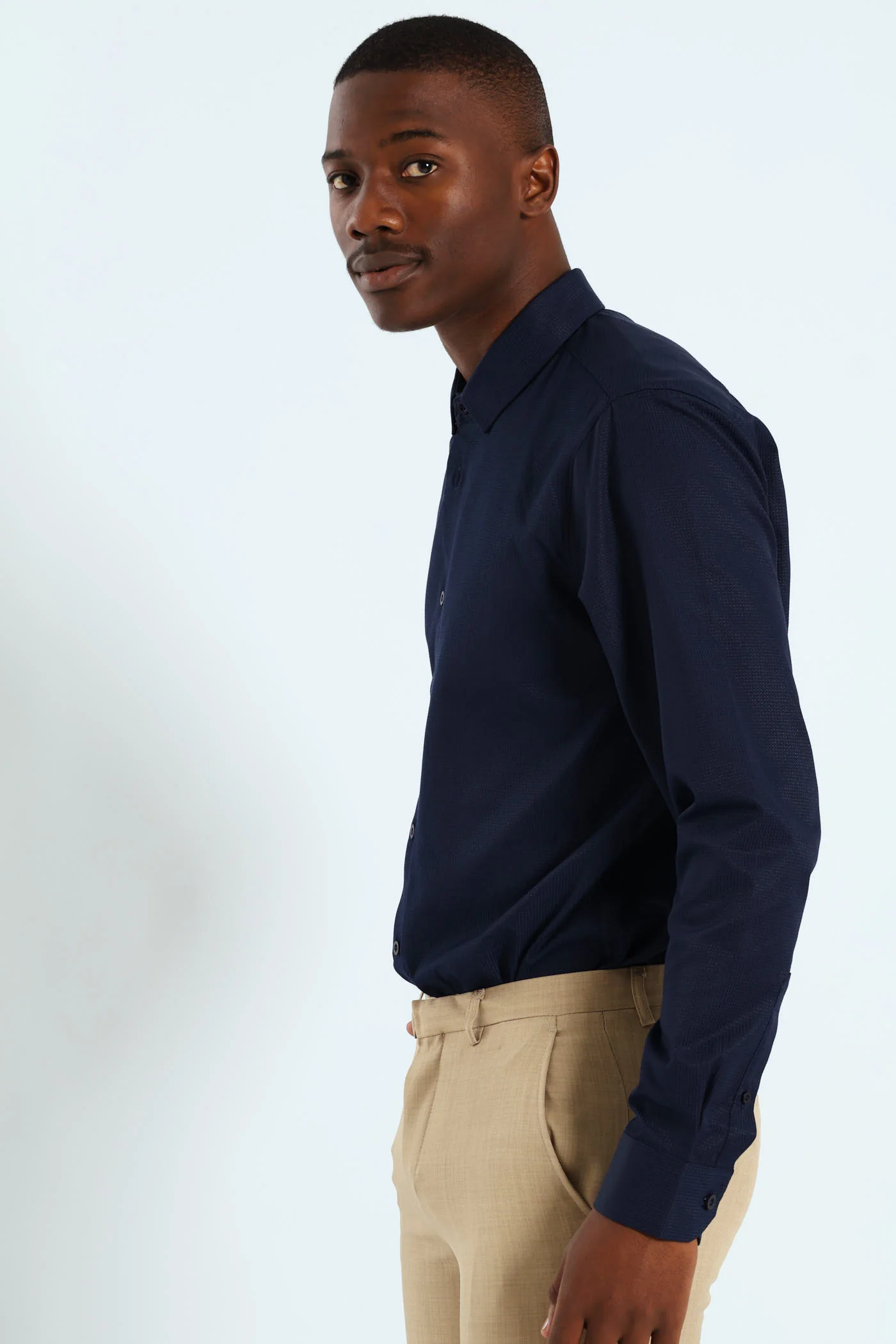 Slim Textured Long Sleeve Shirt - Navy - Image 4