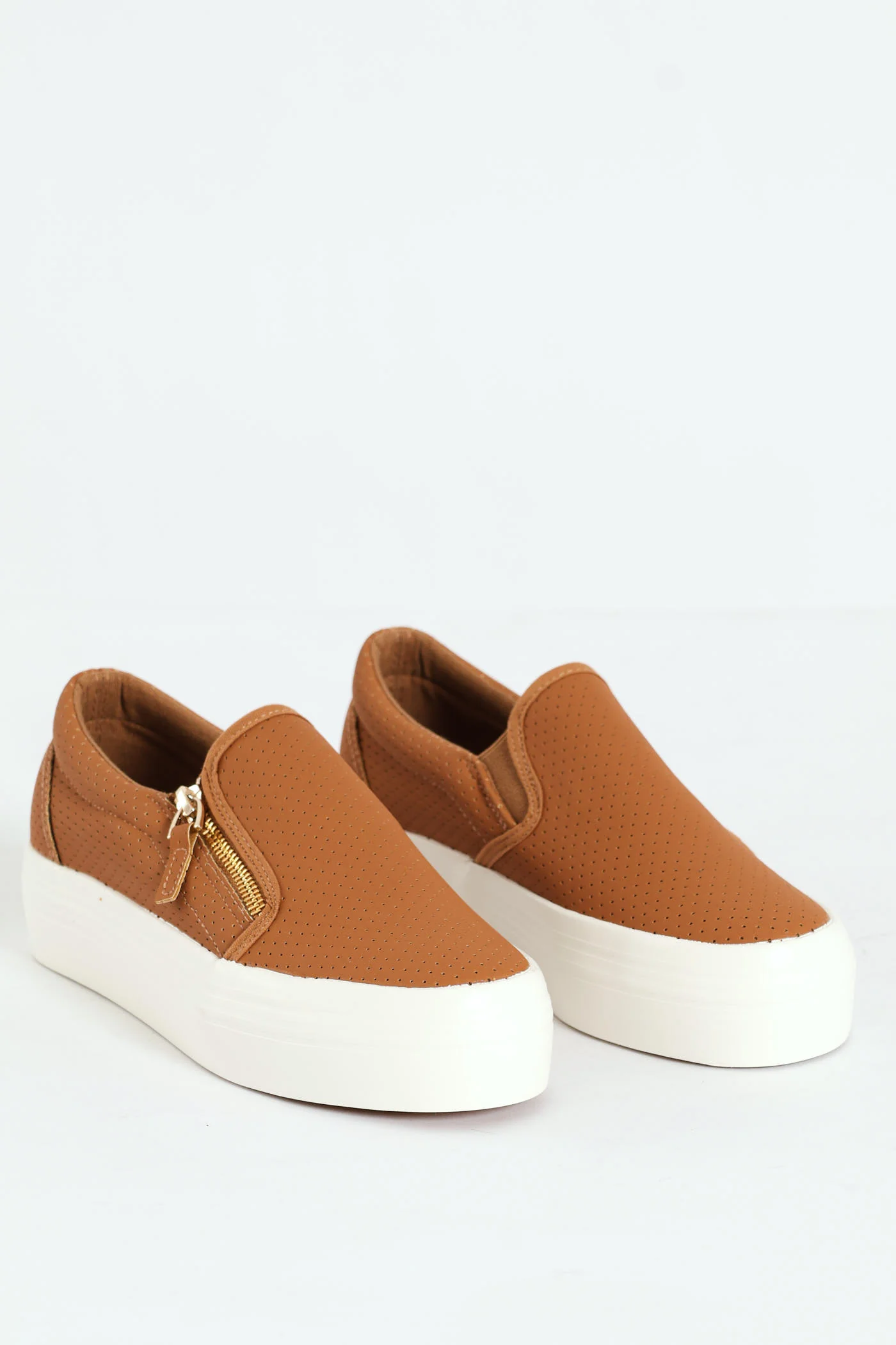 Slip On Platform Sneaker With Zip - Tan - Image 4