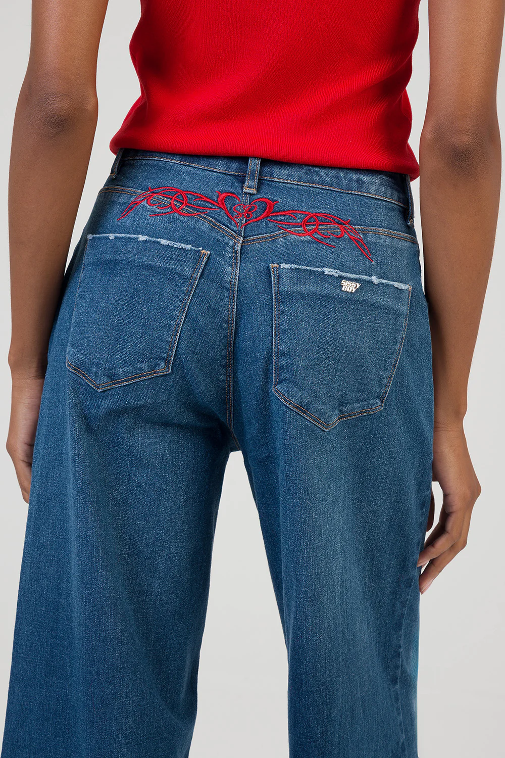 Sloane: Mid Waist Embroidered Detail Wide Leg Denim - Dark Wash - Image 2