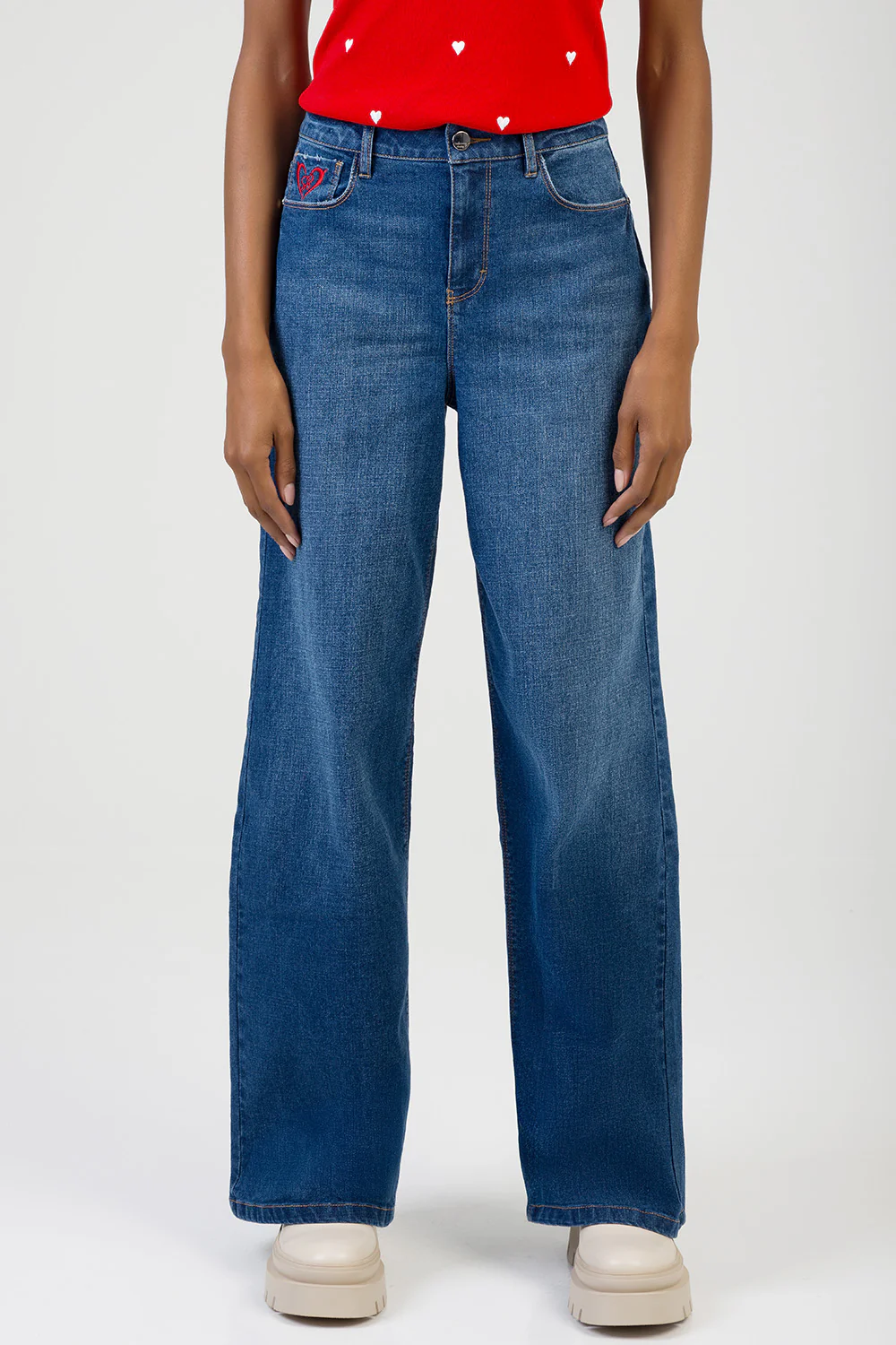 Sloane: Mid Waist Embroidered Detail Wide Leg Denim - Dark Wash - Image 3