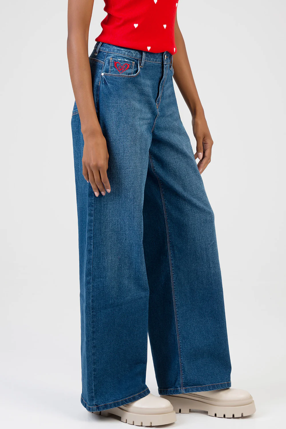 Sloane: Mid Waist Embroidered Detail Wide Leg Denim - Dark Wash - Image 4
