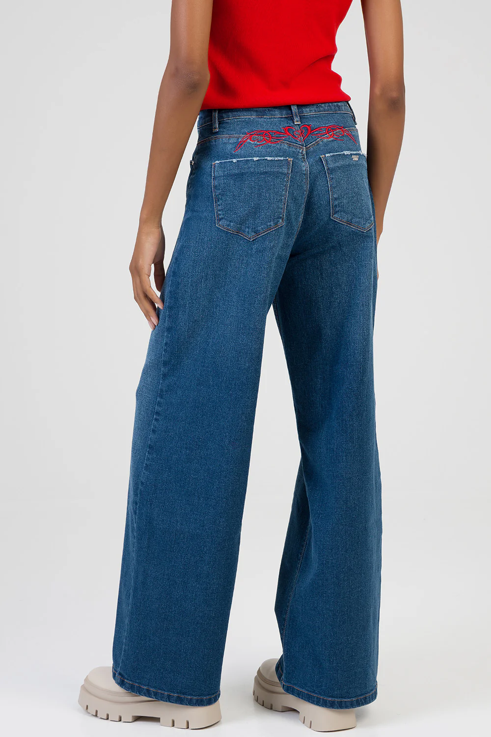 Sloane: Mid Waist Embroidered Detail Wide Leg Denim - Dark Wash - Image 5