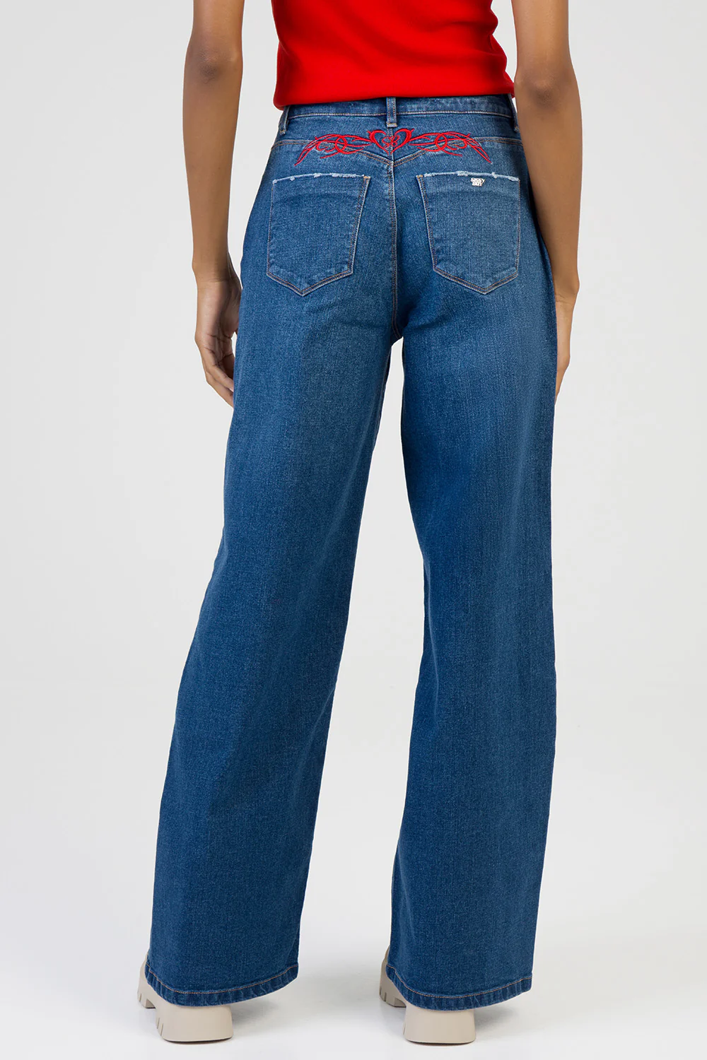Sloane: Mid Waist Embroidered Detail Wide Leg Denim - Dark Wash - Image 6