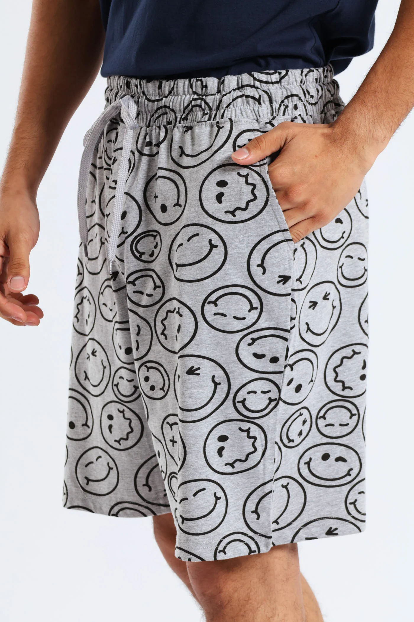 Smiley Faces Print Knit Shorts - Grey Melange - Image 2