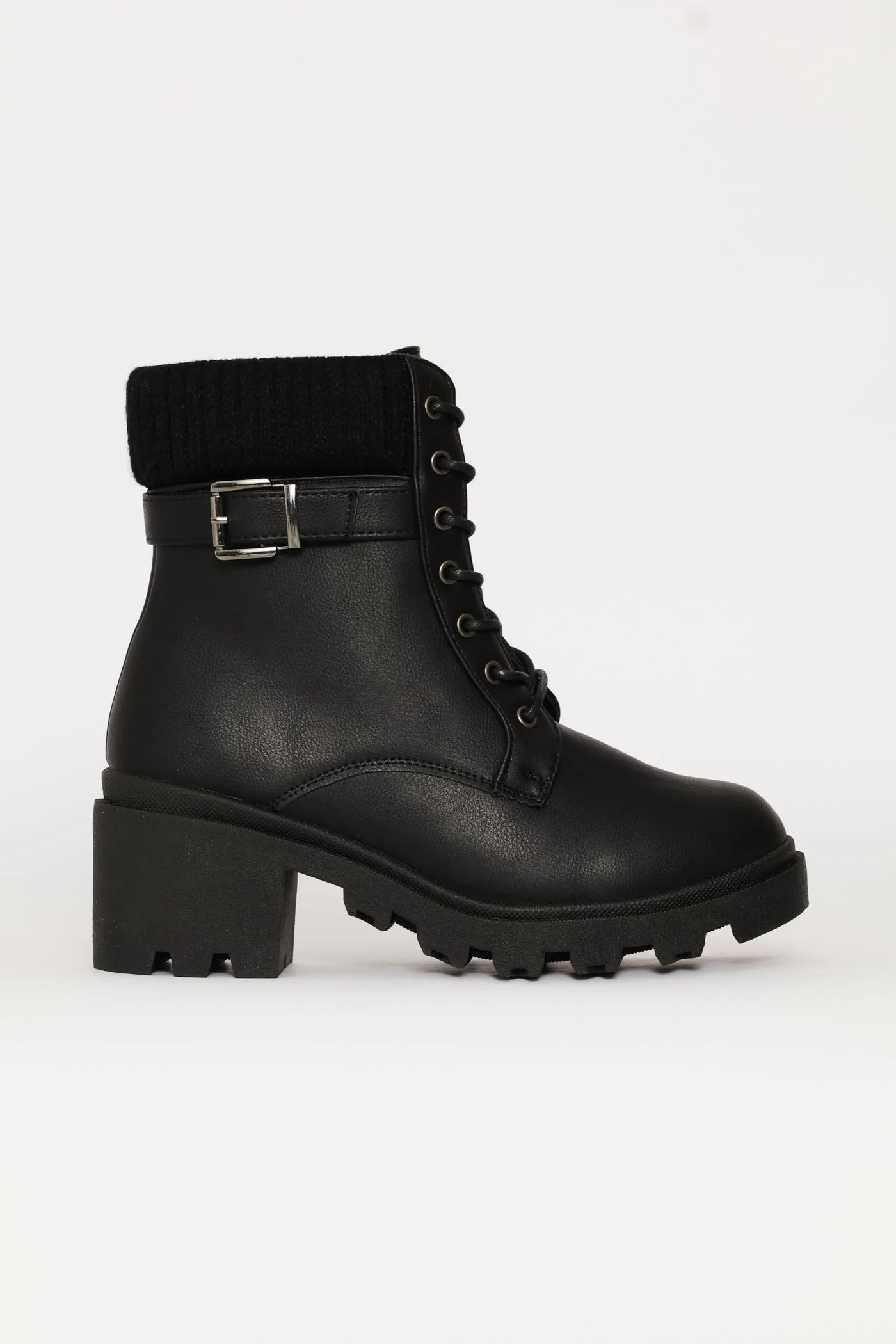 Sock Detail Trim Buckle Chunky Military Boot - Black - Image 2