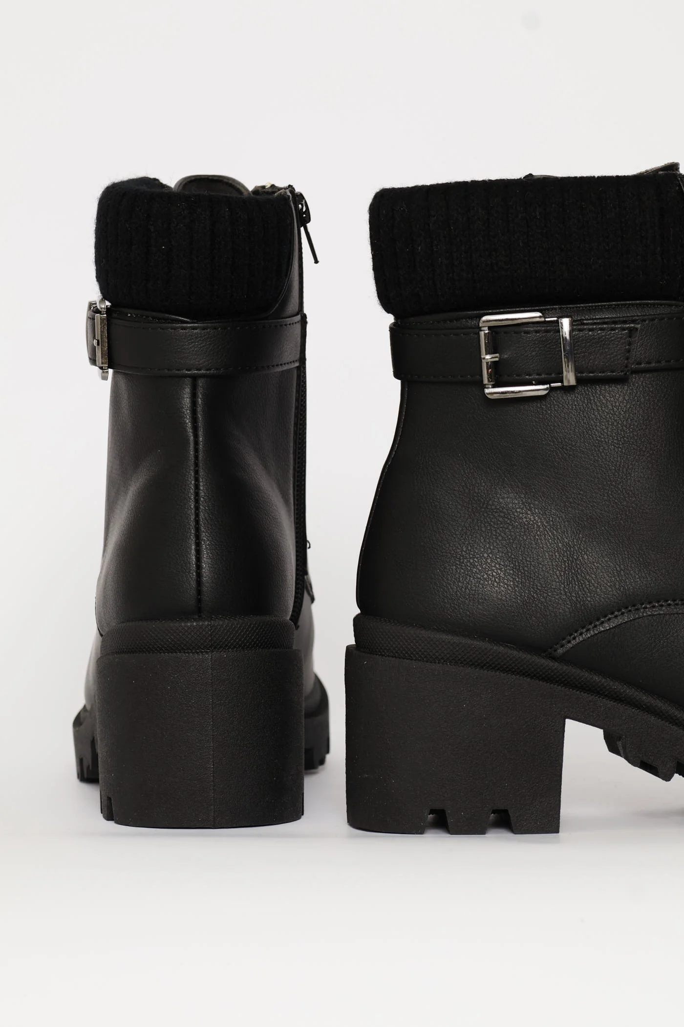 Sock Detail Trim Buckle Chunky Military Boot - Black - Image 5