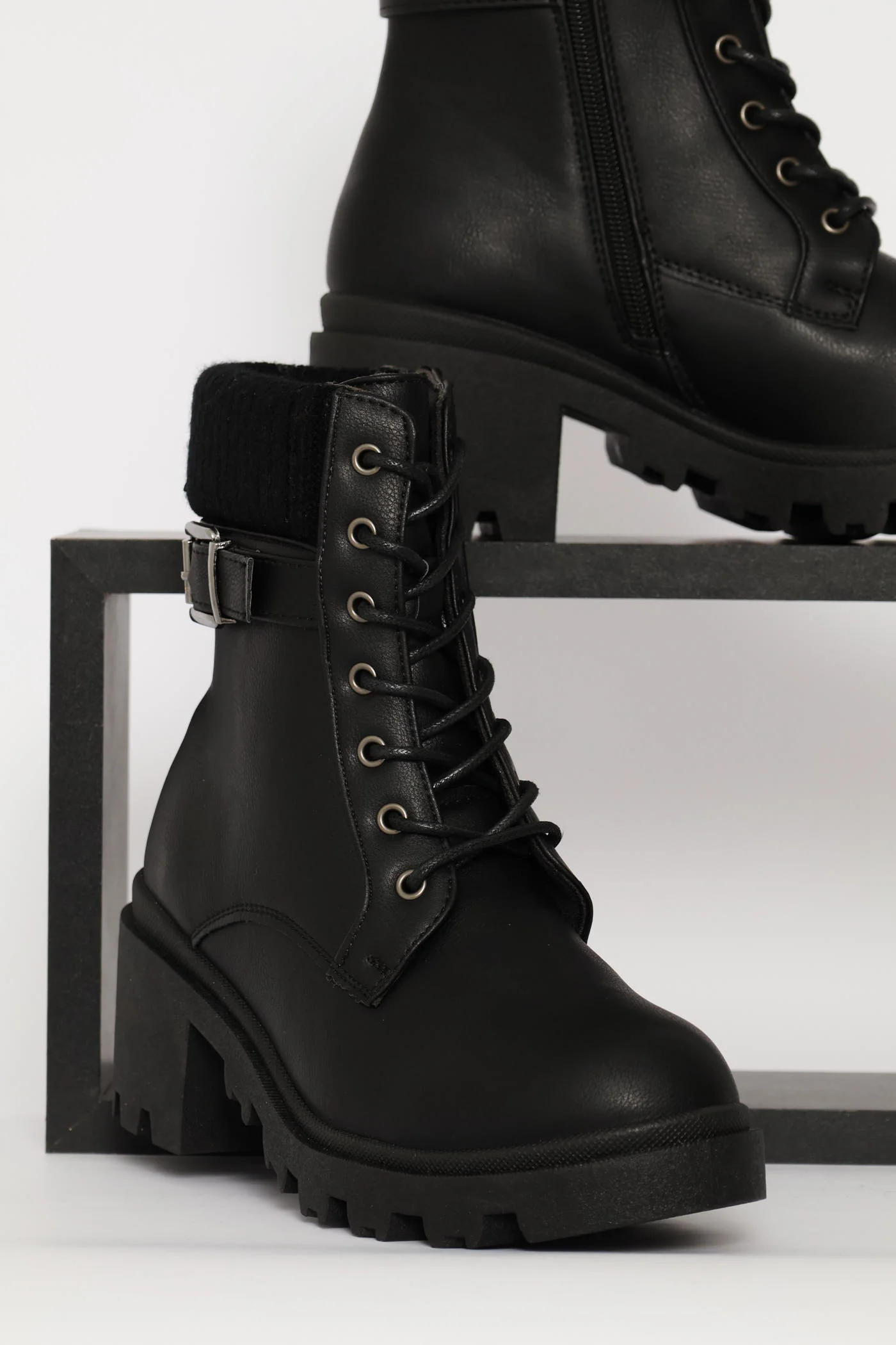 Sock Detail Trim Buckle Chunky Military Boot - Black - Image 6