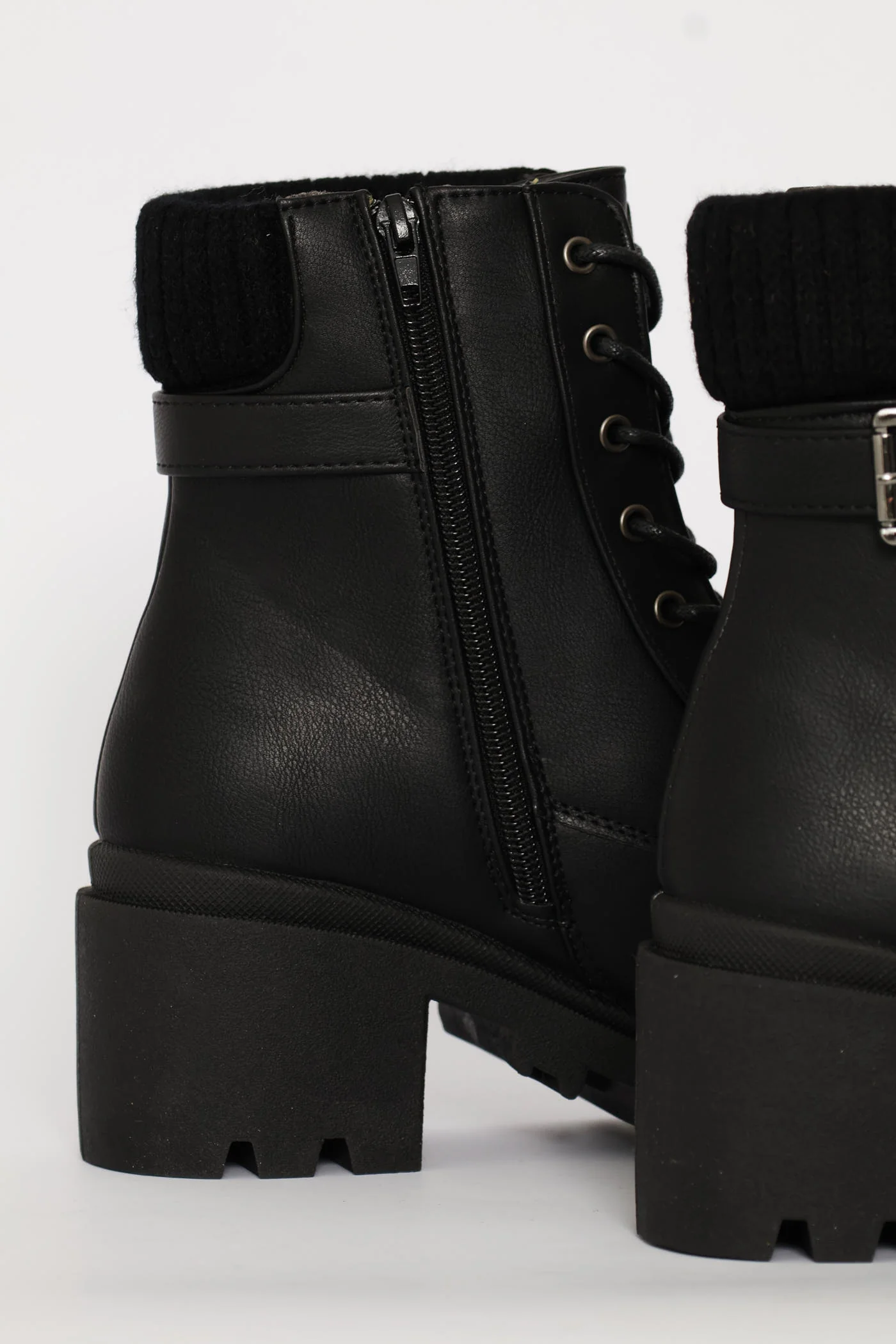 Sock Detail Trim Buckle Chunky Military Boot - Black - Image 7