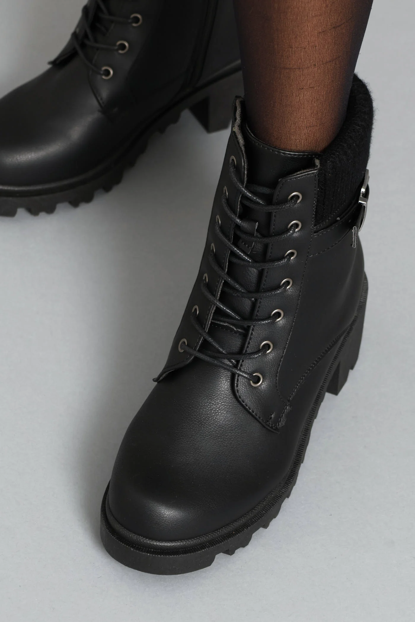 Sock Detail Trim Chunky Military Boot - Black - Image 3