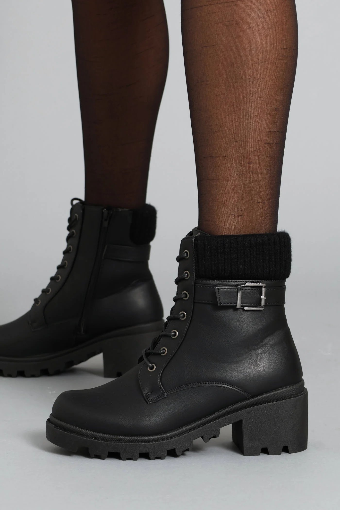 Sock Detail Trim Chunky Military Boot - Black - Image 5