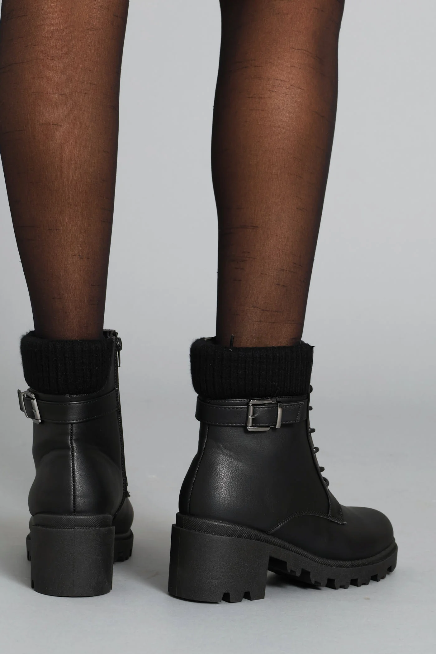 Sock Detail Trim Chunky Military Boot - Black - Image 6