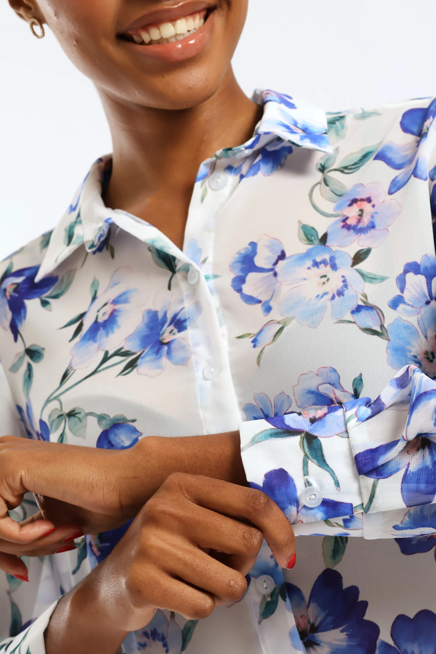 Soft Floral Chiffon Shirt - Cream/Blue - Image 2