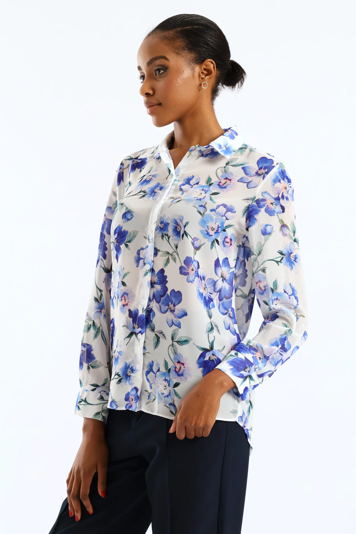 Soft Floral Chiffon Shirt - Cream/Blue - Image 3