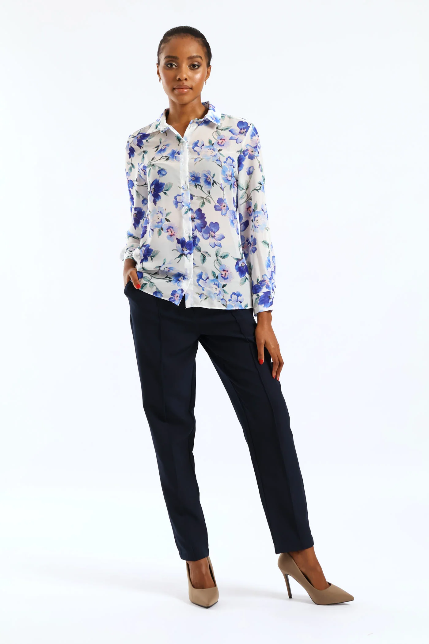 Soft Floral Chiffon Shirt - Cream/Blue - Image 5