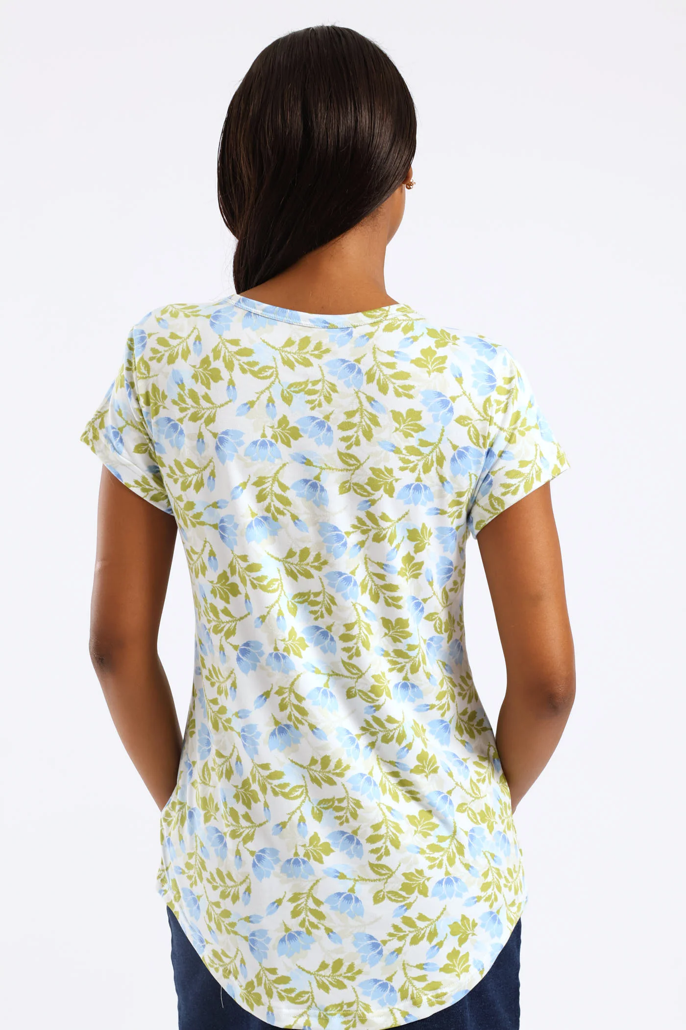 Soft Floral Leaves Print Pocket Tee - Green/Blue - Image 4