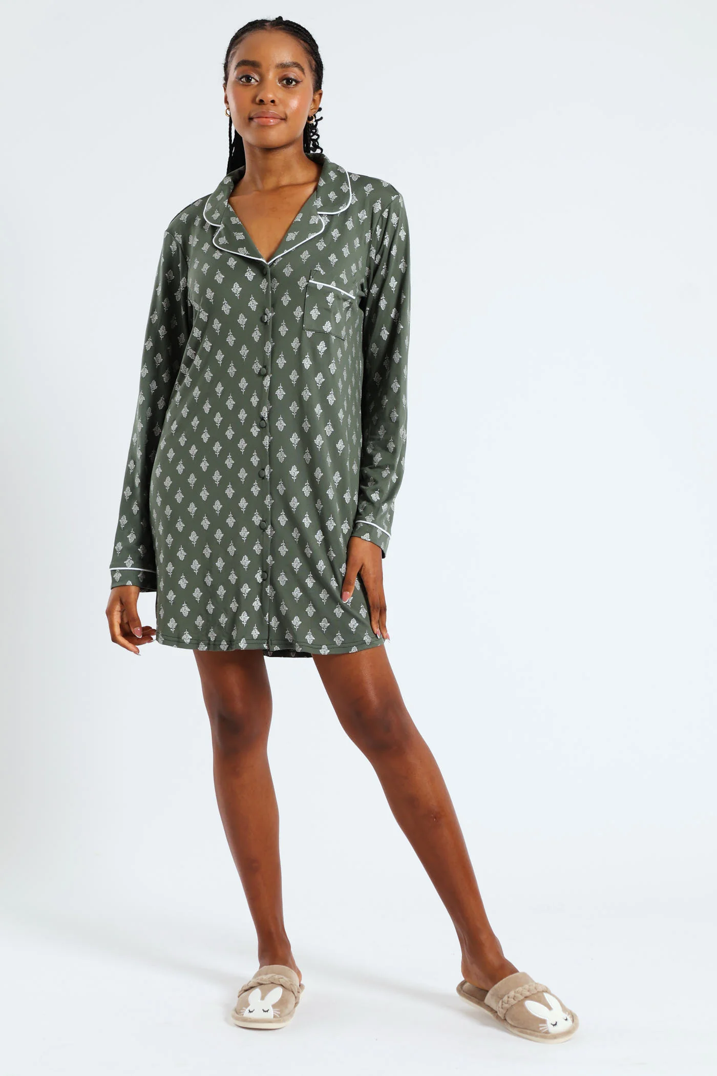 Soft Touch Silver Fern Button Through Sleep Shirt - Mid Green - Image 3
