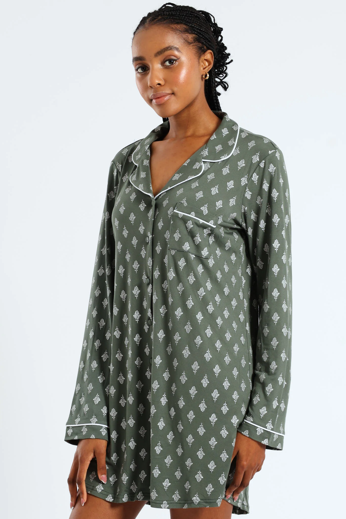 Soft Touch Silver Fern Button Through Sleep Shirt - Mid Green - Image 4