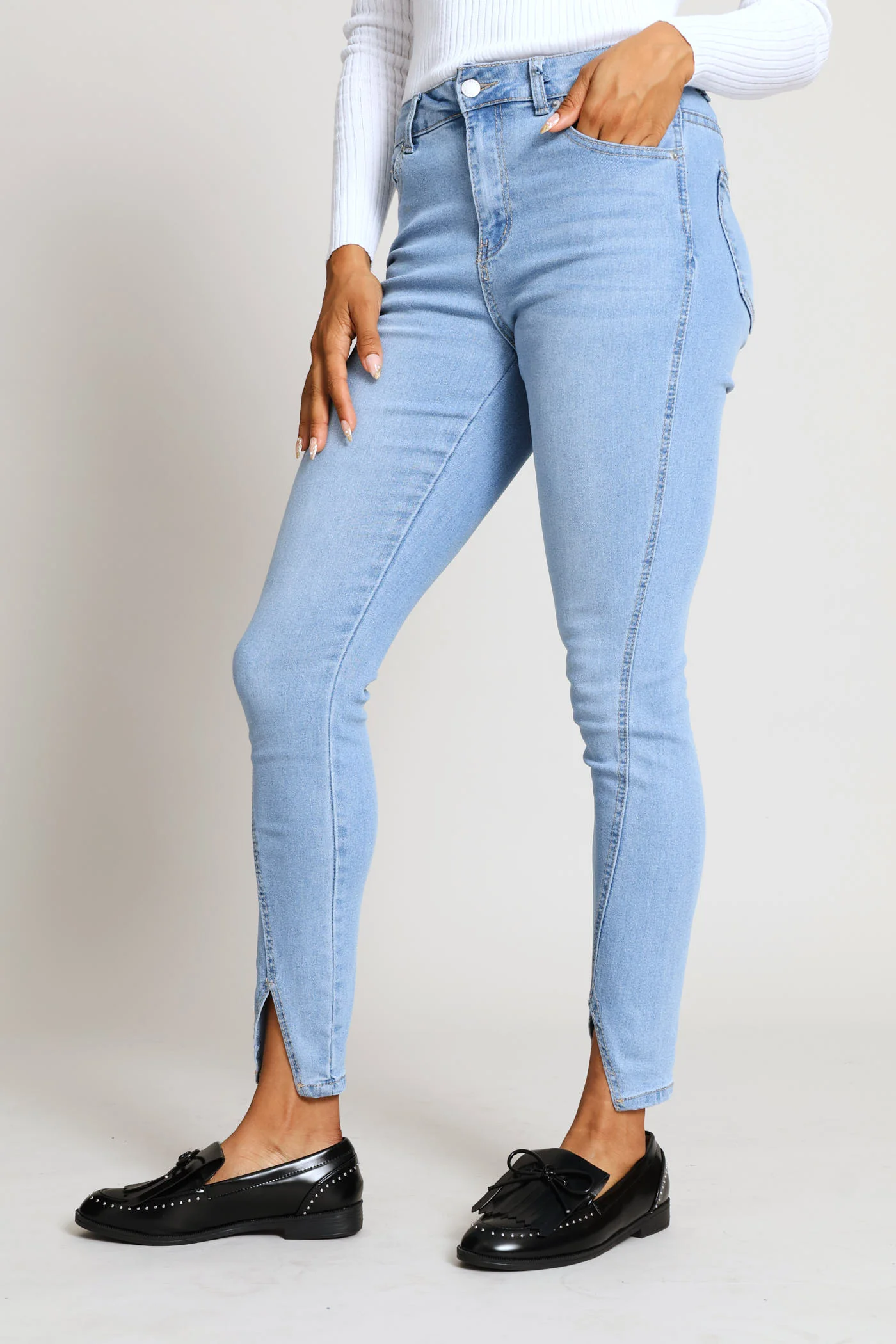 Split Hem Skinny Denim - Light Wash - Image 6