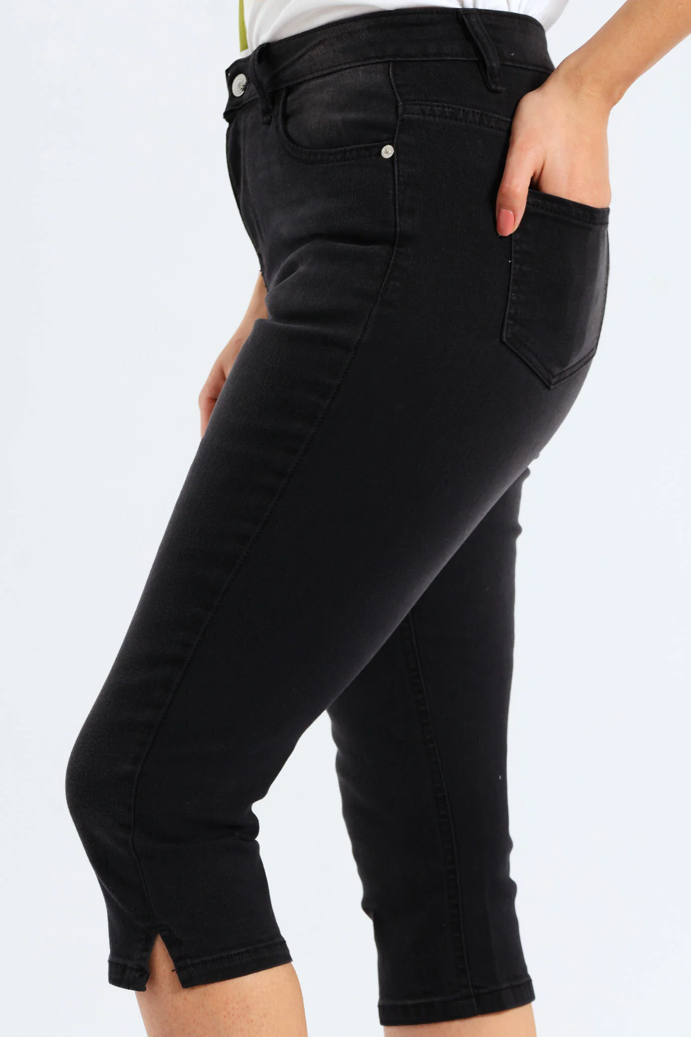 Split Hem Skinny Supersoft Denim Capri Shorts - Black - Image 3
