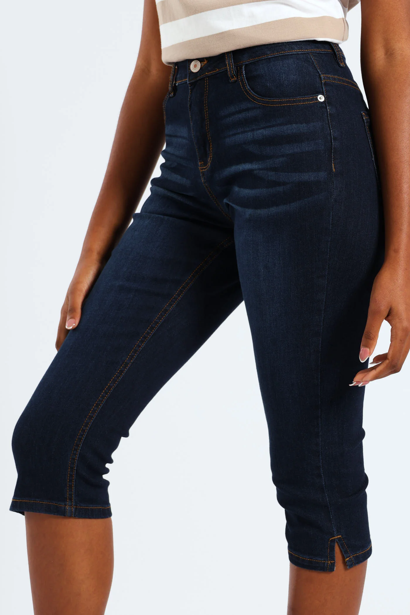 Split Hem Skinny Supersoft Denim Capri Shorts - Ink - Image 2