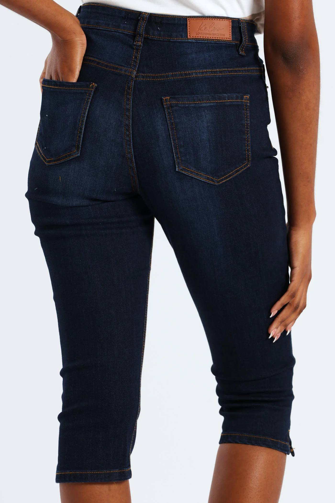 Split Hem Skinny Supersoft Denim Capri Shorts - Ink - Image 3