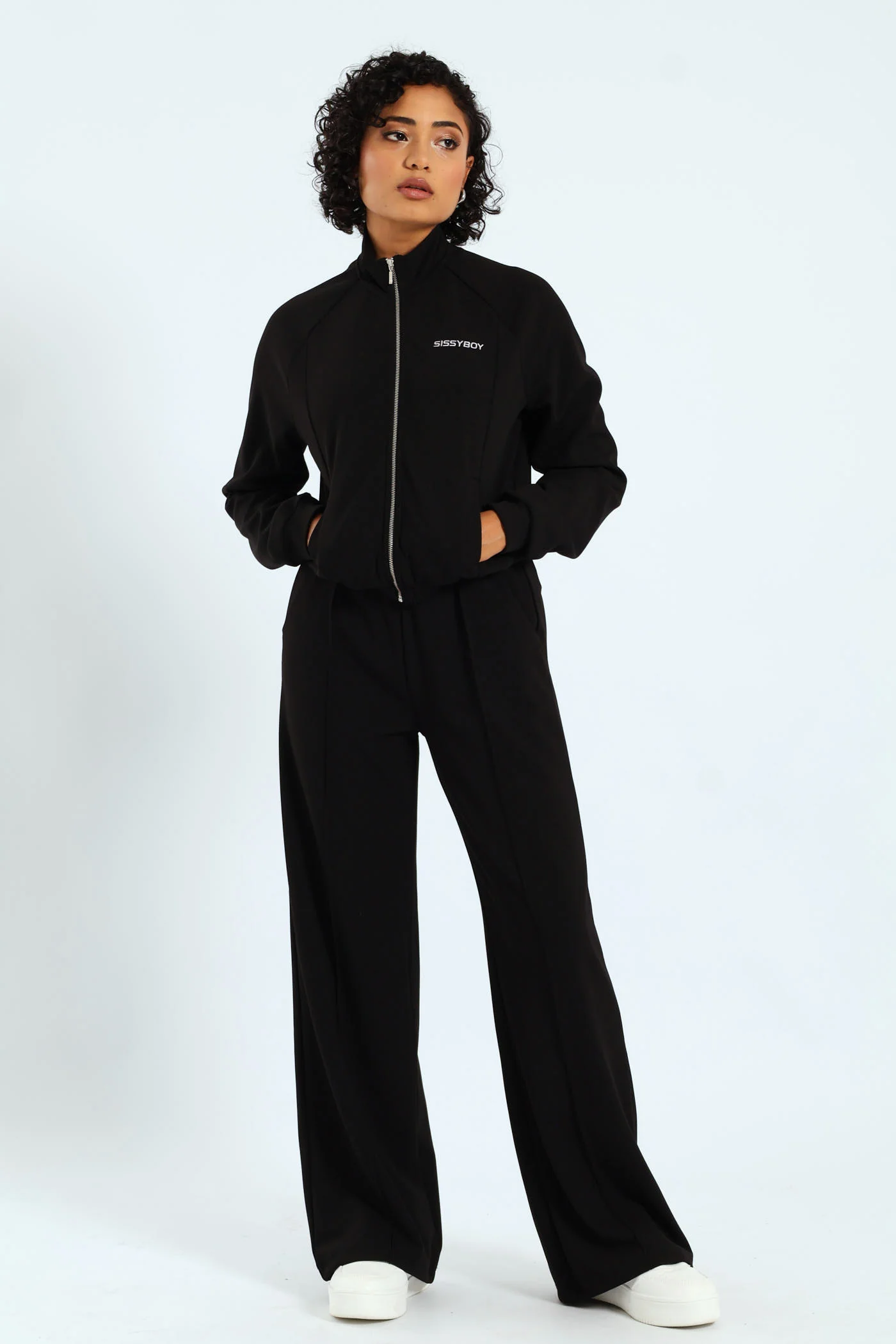 Sporty Wide Leg Track Pants - Black - Image 2