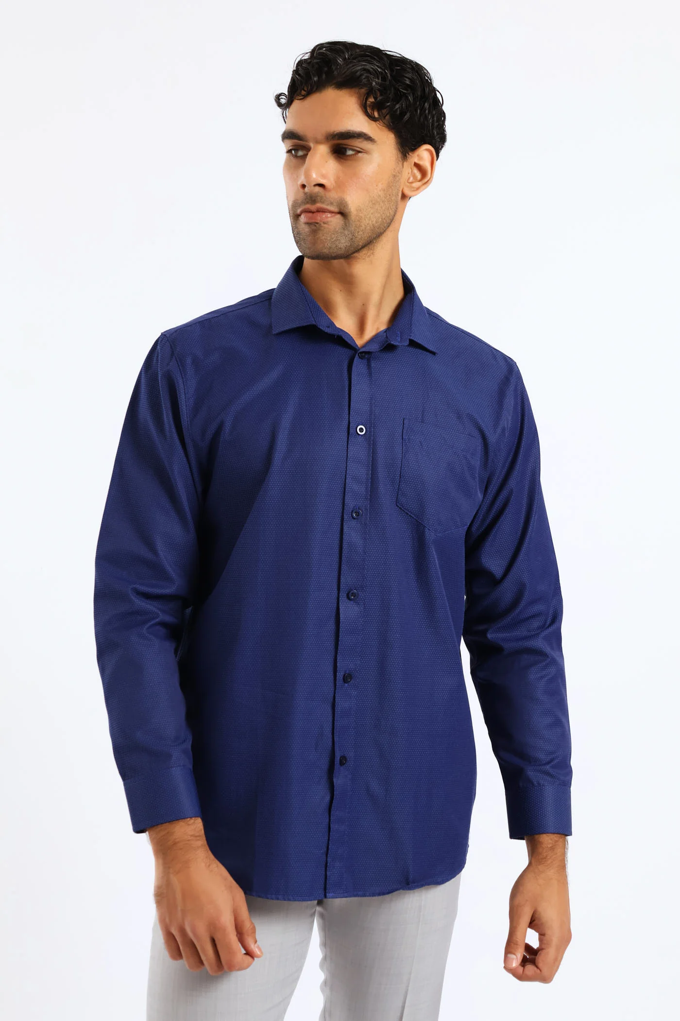 Spot Textured Long Sleeve Shirt - Dark Blue - Image 2