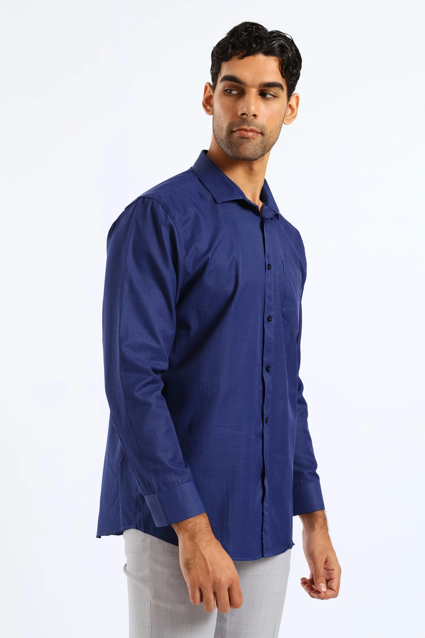 Spot Textured Long Sleeve Shirt - Dark Blue - Image 3