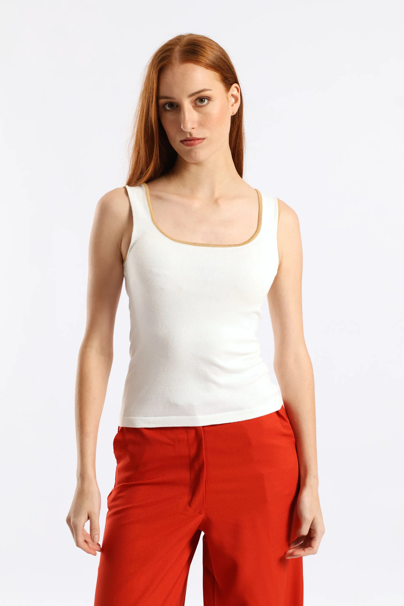 Sqauare Neck Tipped Tank - Cream - Image 3
