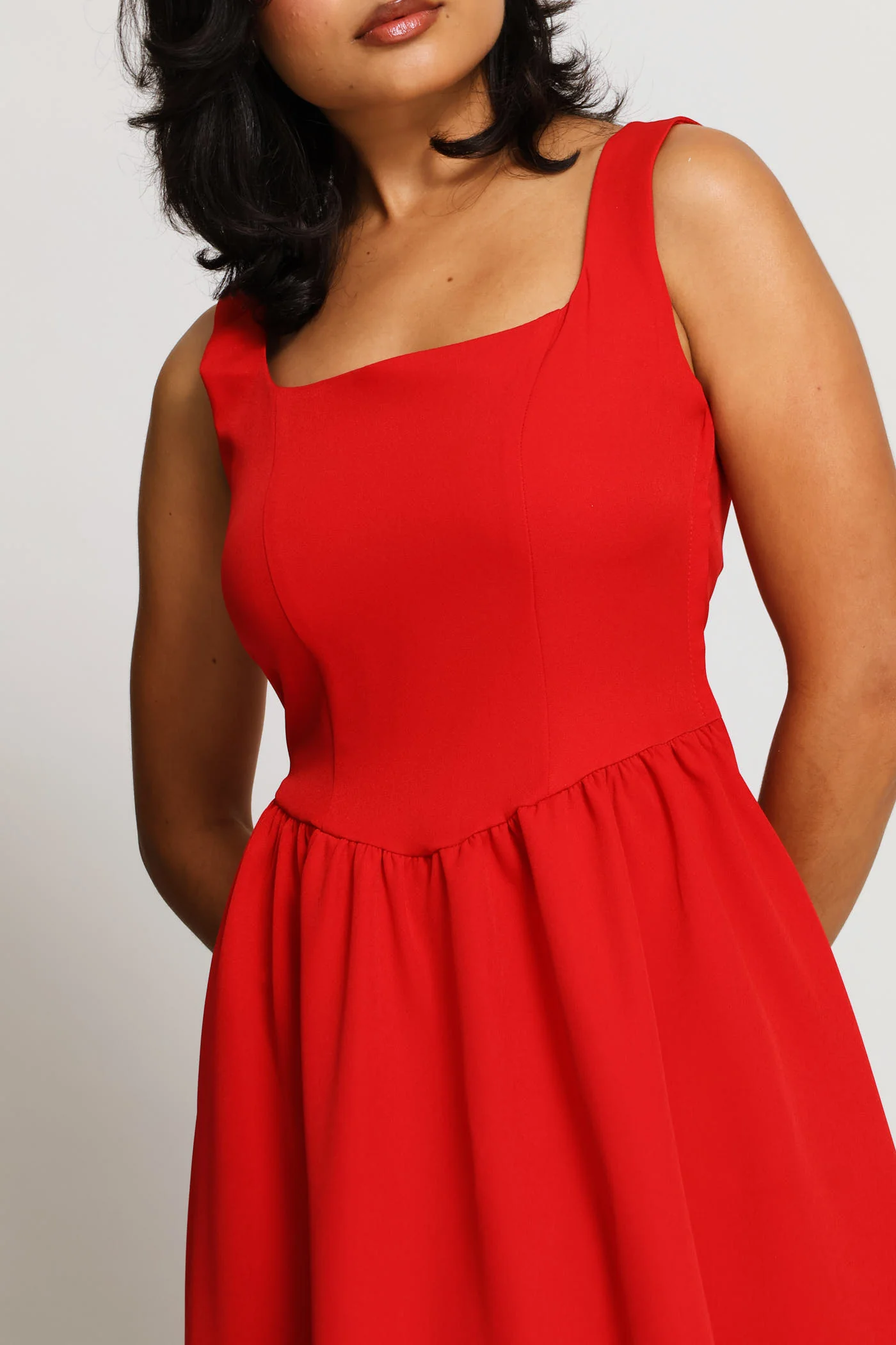 Sqaure Neck Flared Midi Dress - Red - Image 2
