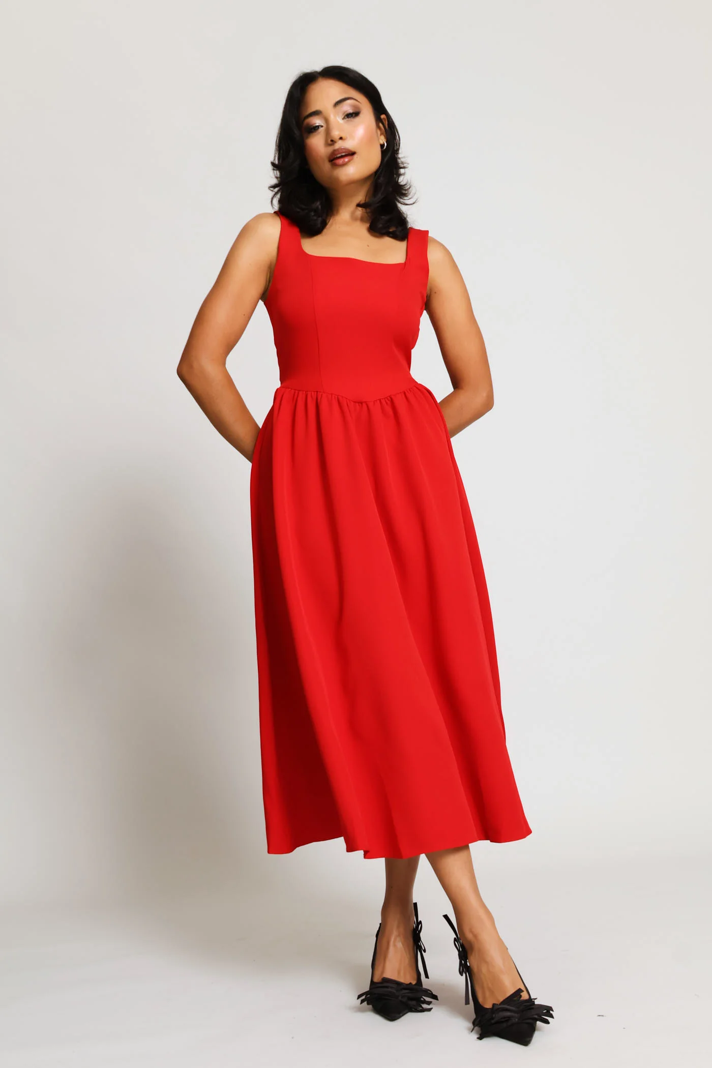 Sqaure Neck Flared Midi Dress - Red - Image 4