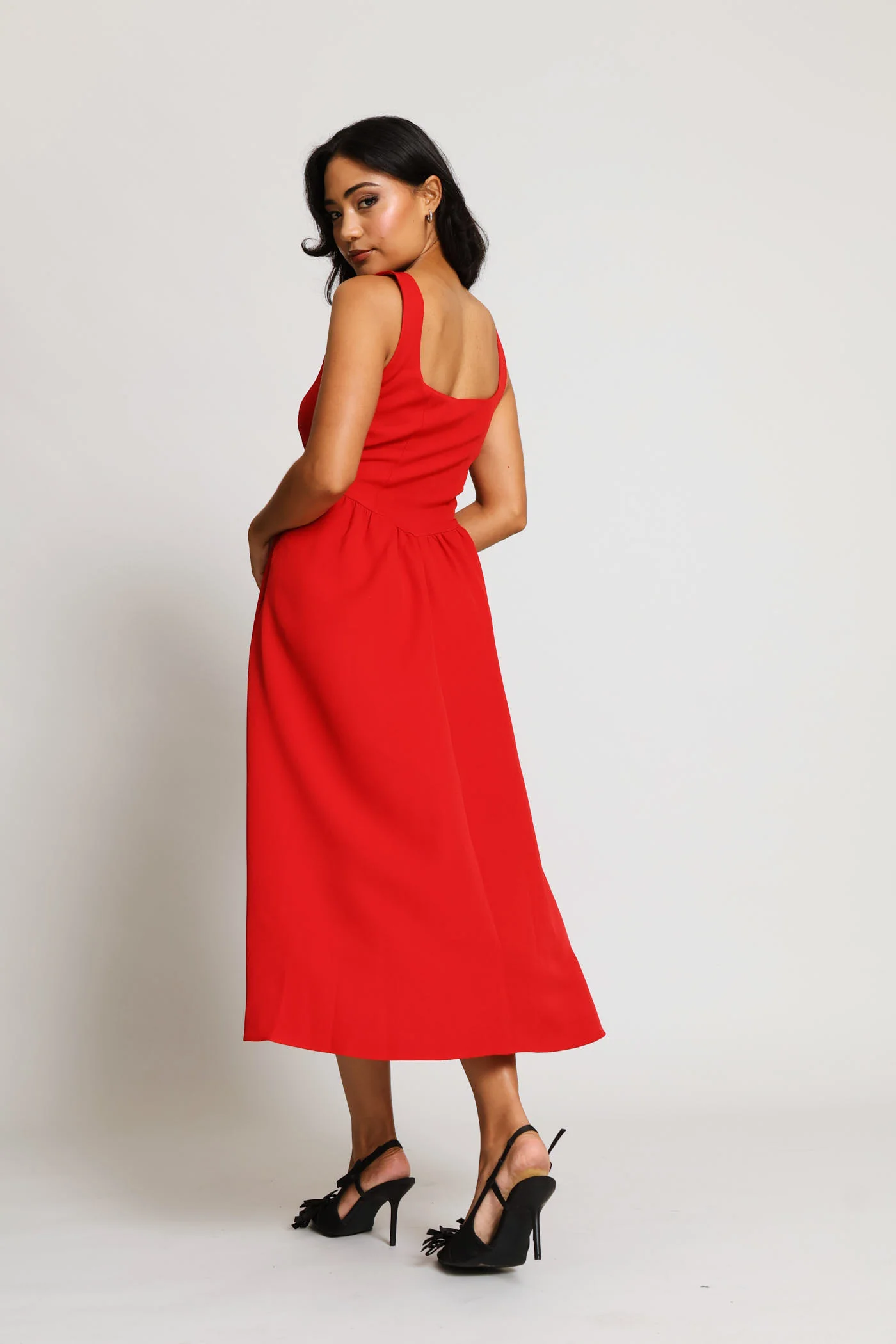 Sqaure Neck Flared Midi Dress - Red - Image 5