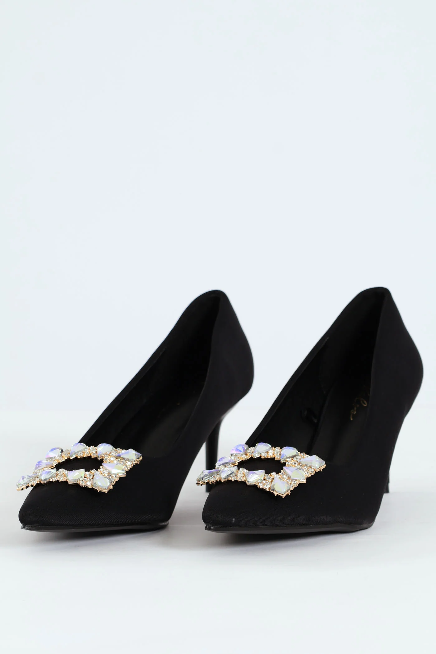 Square Diamante Trim Kitten Court Heel - Black - Image 3
