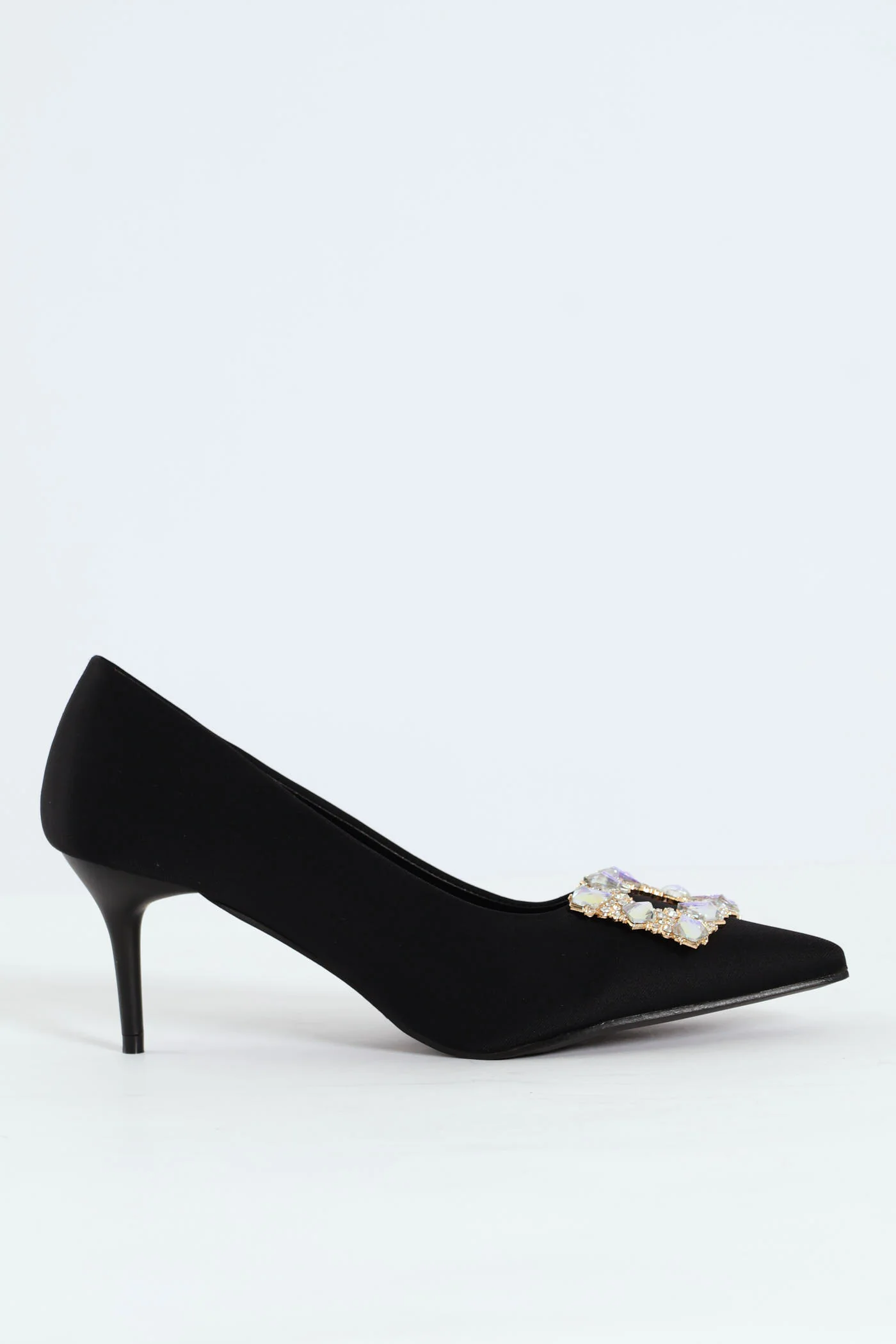Square Diamante Trim Kitten Court Heel - Black - Image 5