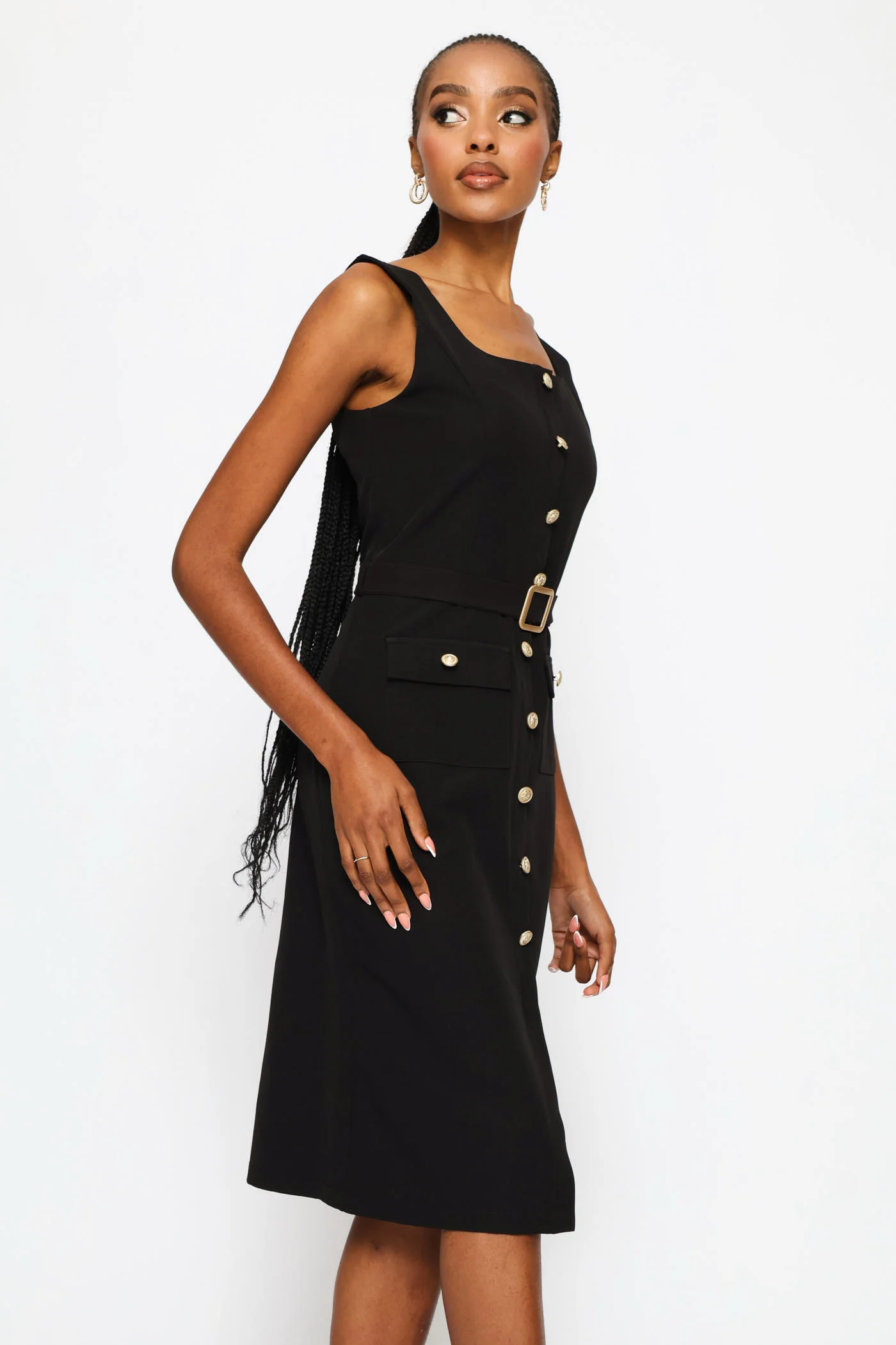 Square Neck Button Through Midi Dress - Black - Image 5