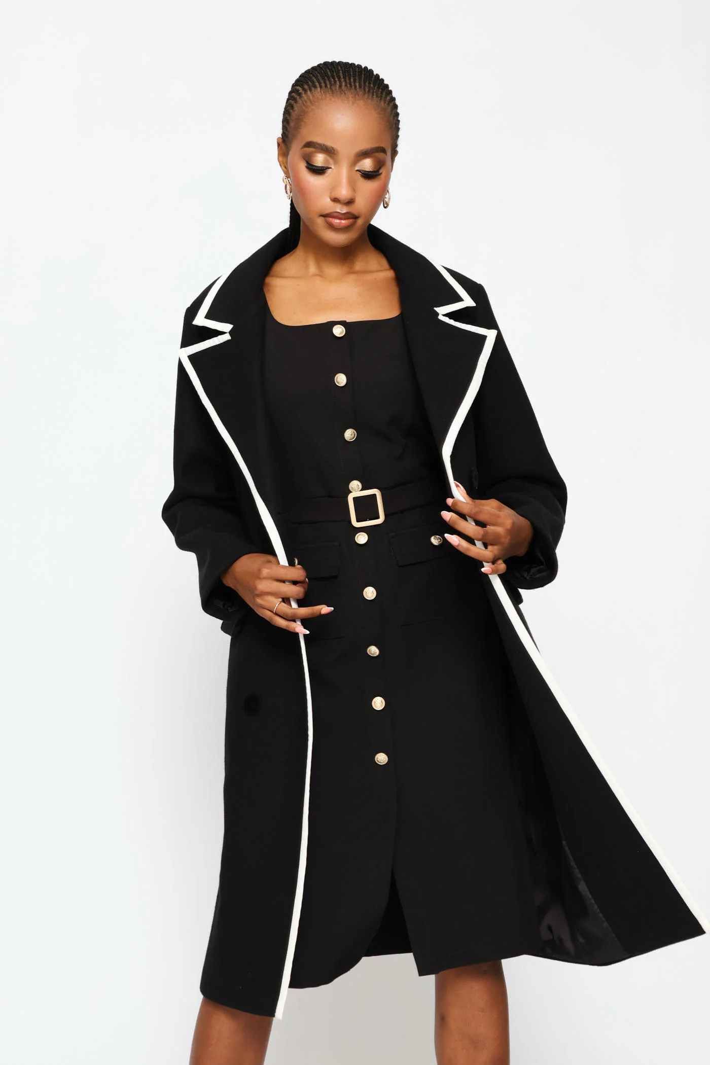 Double Constrast Tipped Melton Coat - Black/Cream - Image 5