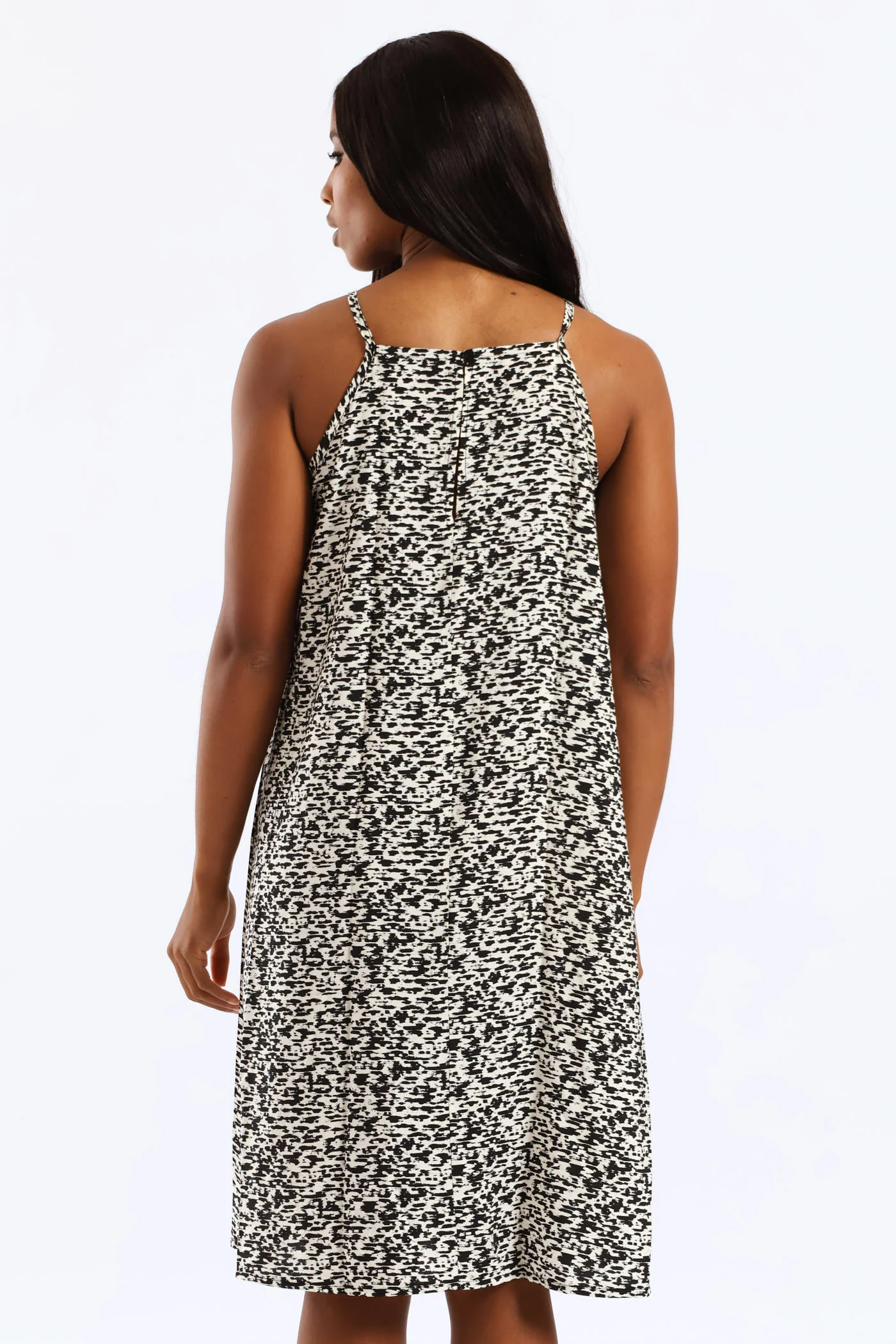 Square Neck Halter Swing Printed Mini Dress - Black/Cream - Image 2