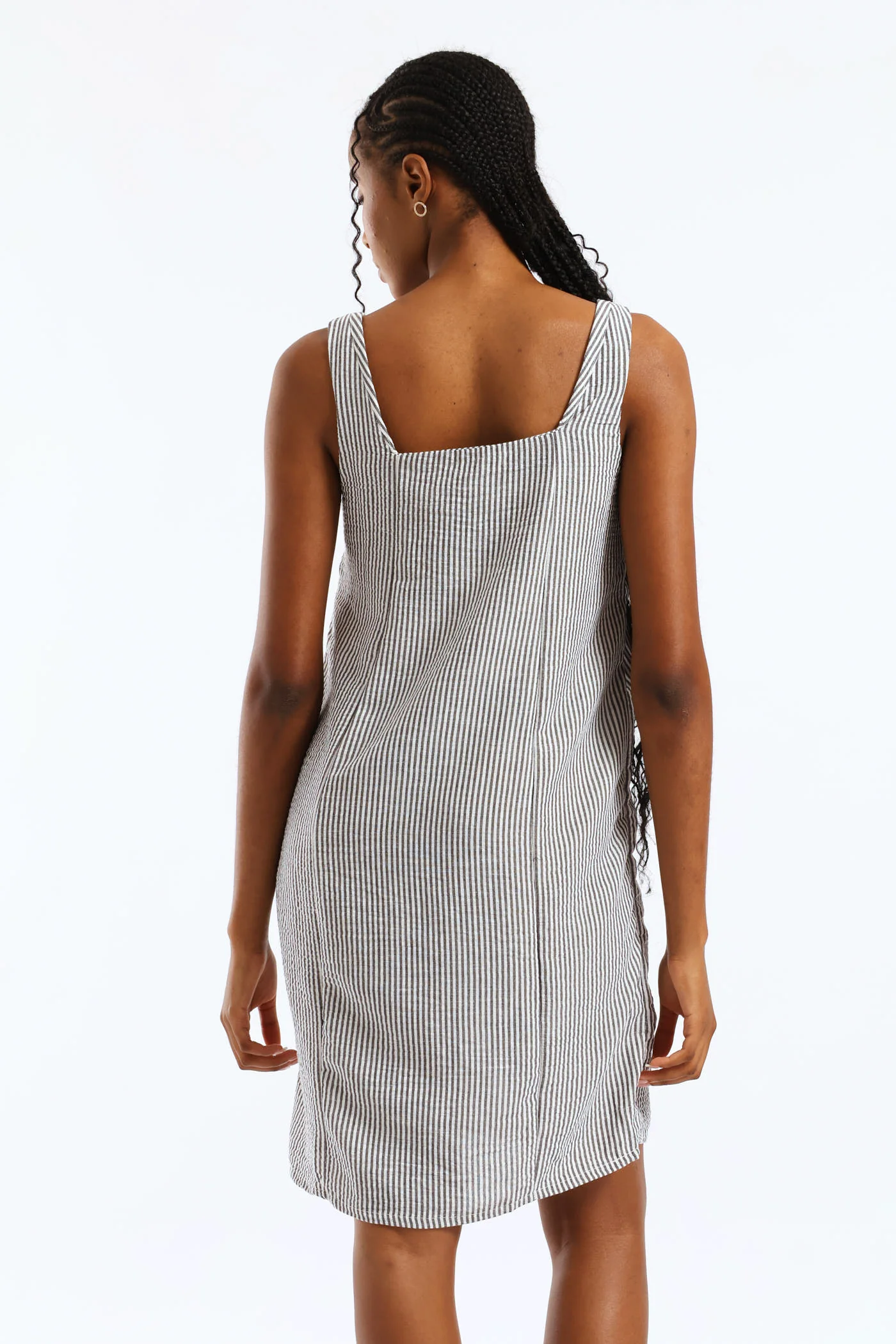 Square Neck Linen Stripe Pinni Mini Dress - Black/White - Image 2