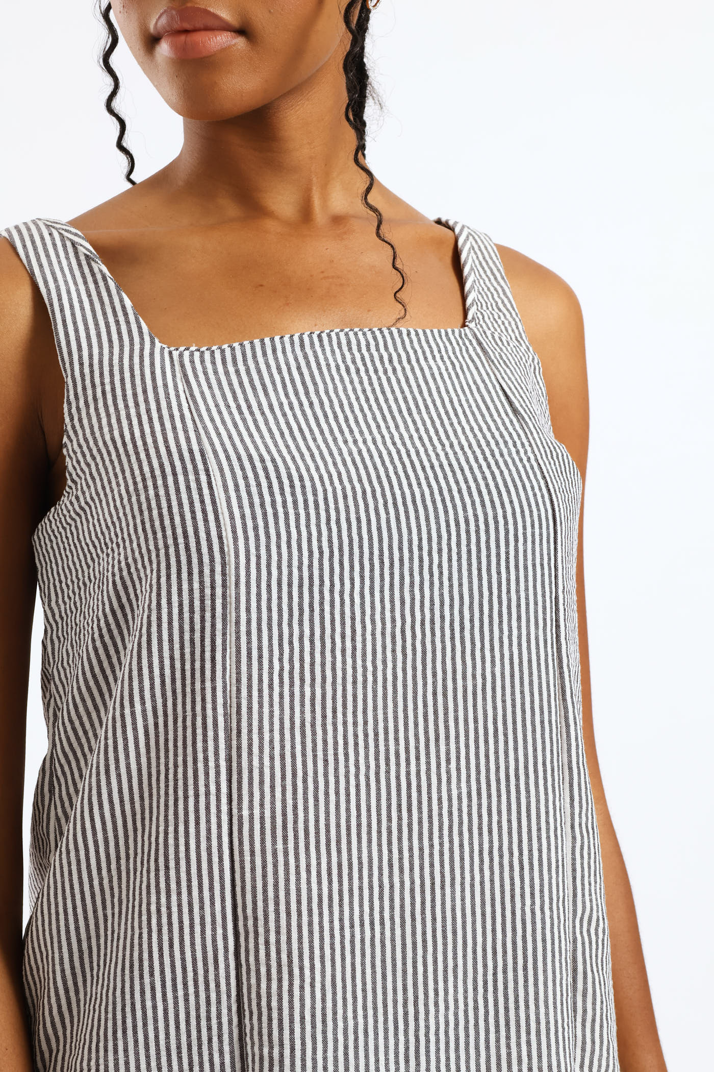 Square Neck Linen Stripe Pinni Mini Dress - Black/White - Image 3