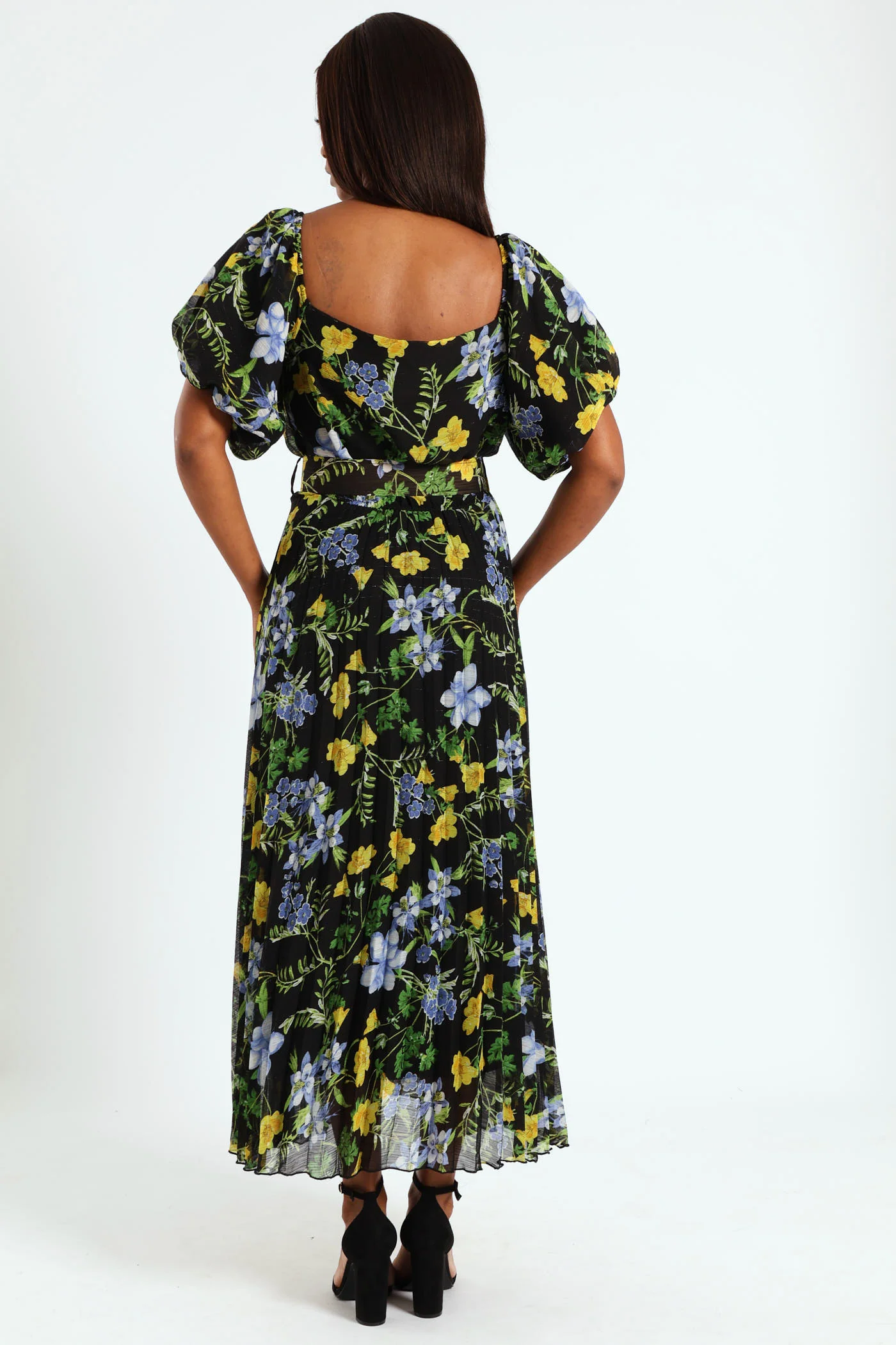 Square Neck Puff Sleeve Pleated Maxi Dress - Black - Image 2