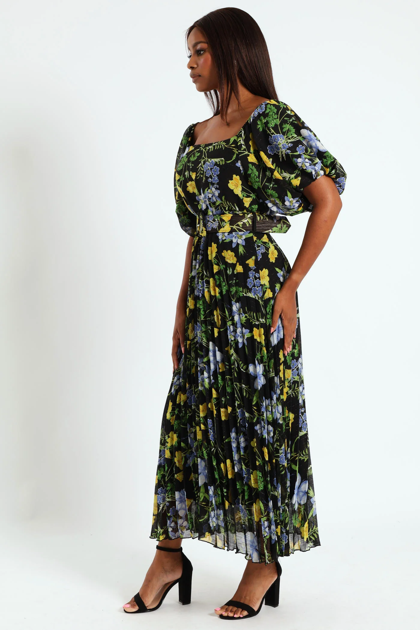 Square Neck Puff Sleeve Pleated Maxi Dress - Black - Image 3
