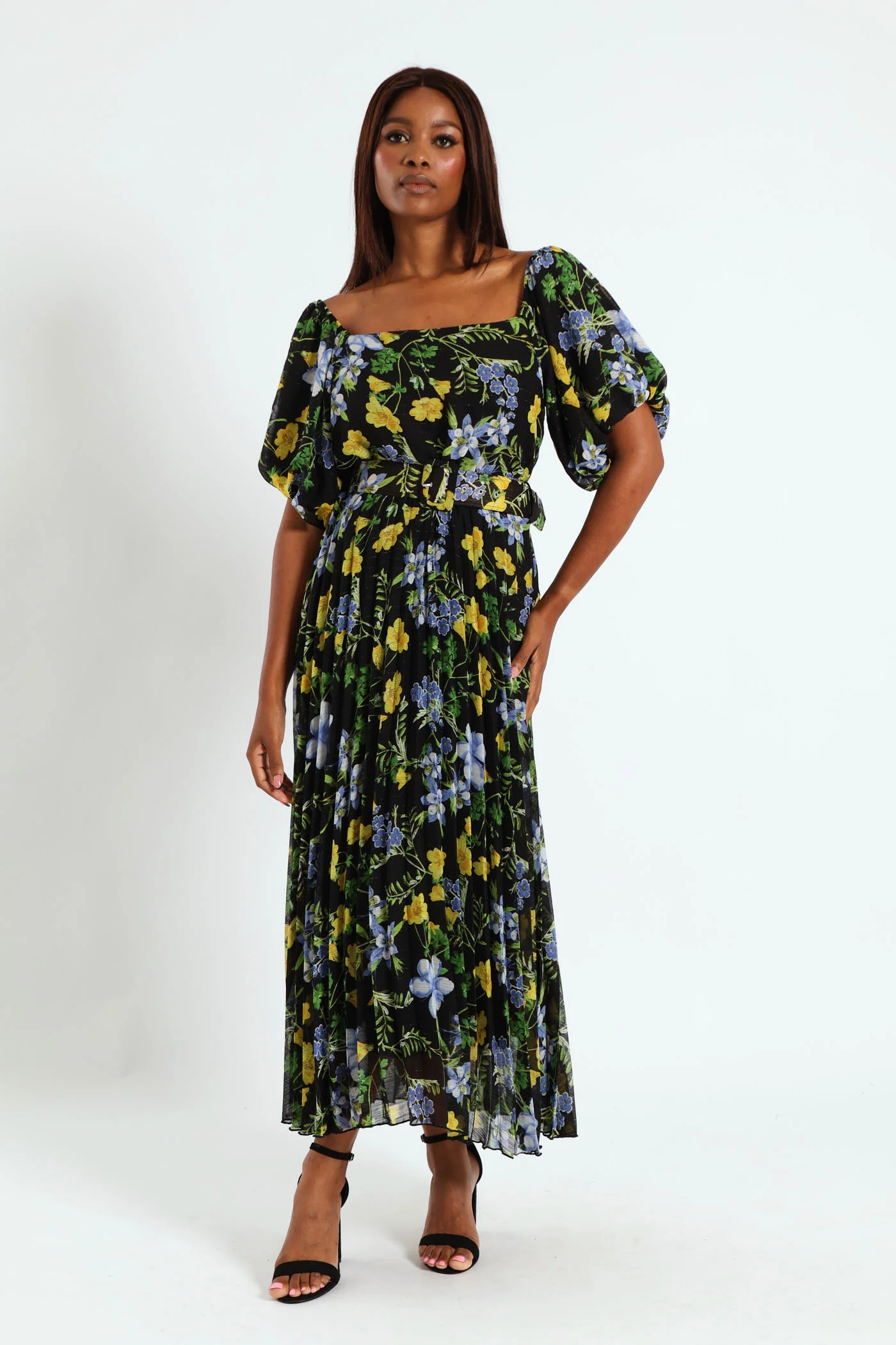 Square Neck Puff Sleeve Pleated Maxi Dress - Black - Image 4