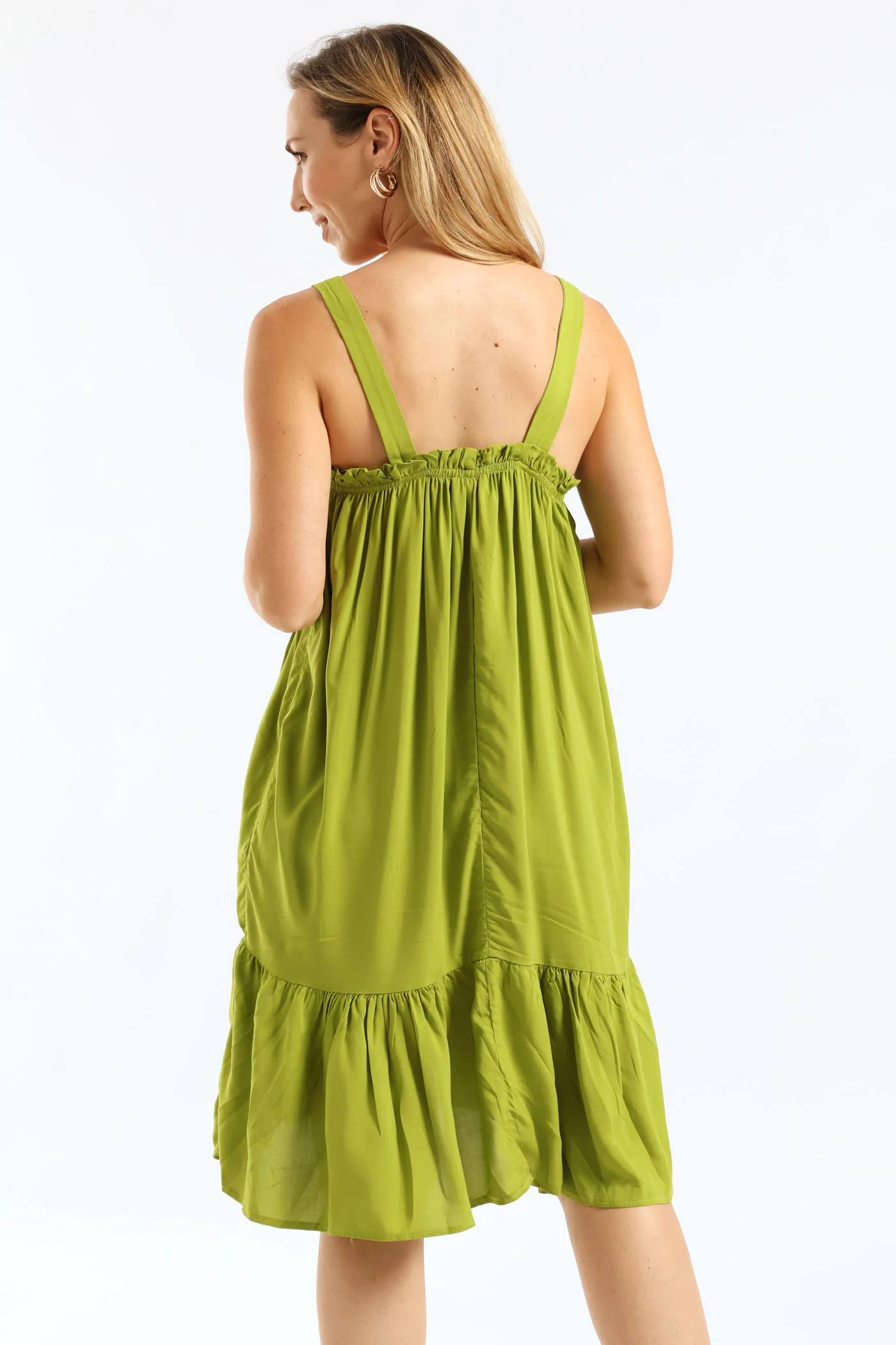 Square Neck Tie Front Frill Hem Mini Dress - Chartreuse - Image 4