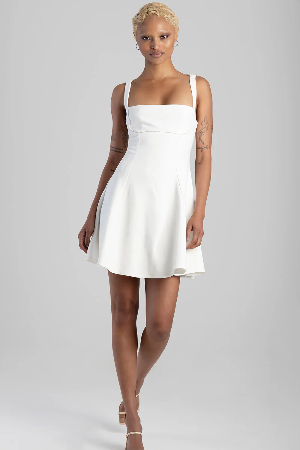 Square Neckline Fit And Flare Mini Dress - Off White - Image 4